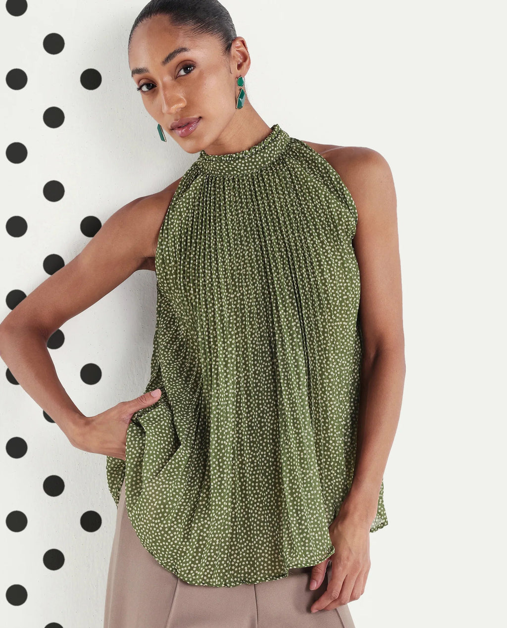 Rareism Women's Ambra Olive Polyester Sleeveless Regular Fit Polka Print Top