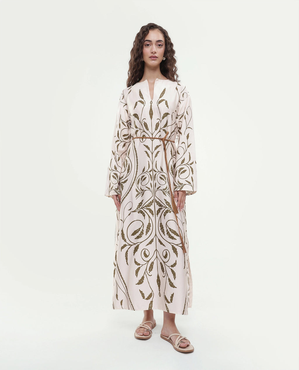 Rareism Women's Anin Beige Floral Cotton Blend A-Line Full Sleeve Dress