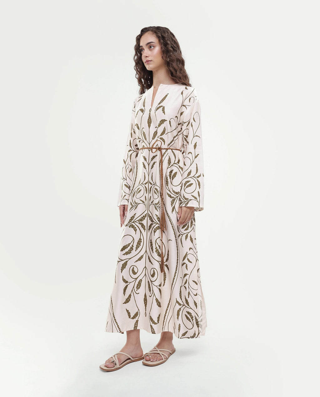 Rareism Women's Anin Beige Floral Cotton Blend A-Line Full Sleeve Dress