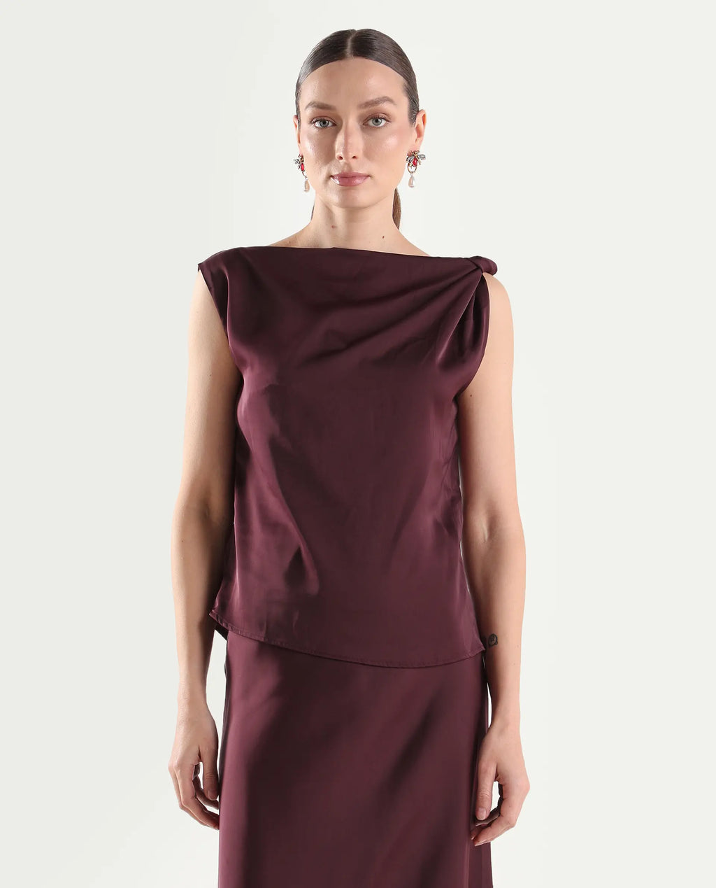Rareism Women's Aoron-T Maroon Polyester Sleeveless Regular Fit Plain Top