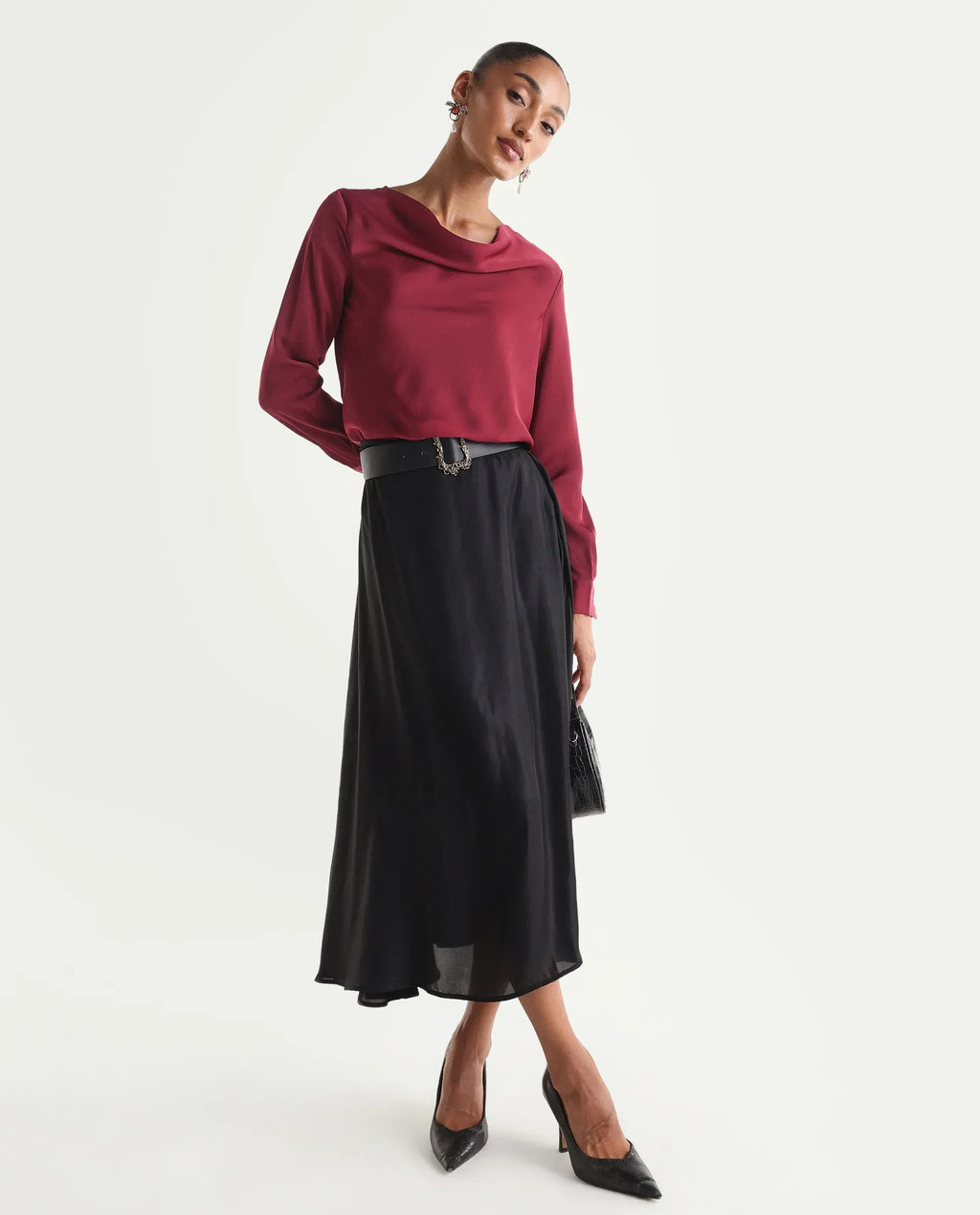 Rareism Women's Avier Dark Red Polyester Full Sleeve Cowl Neck Regular Fit Plain Top