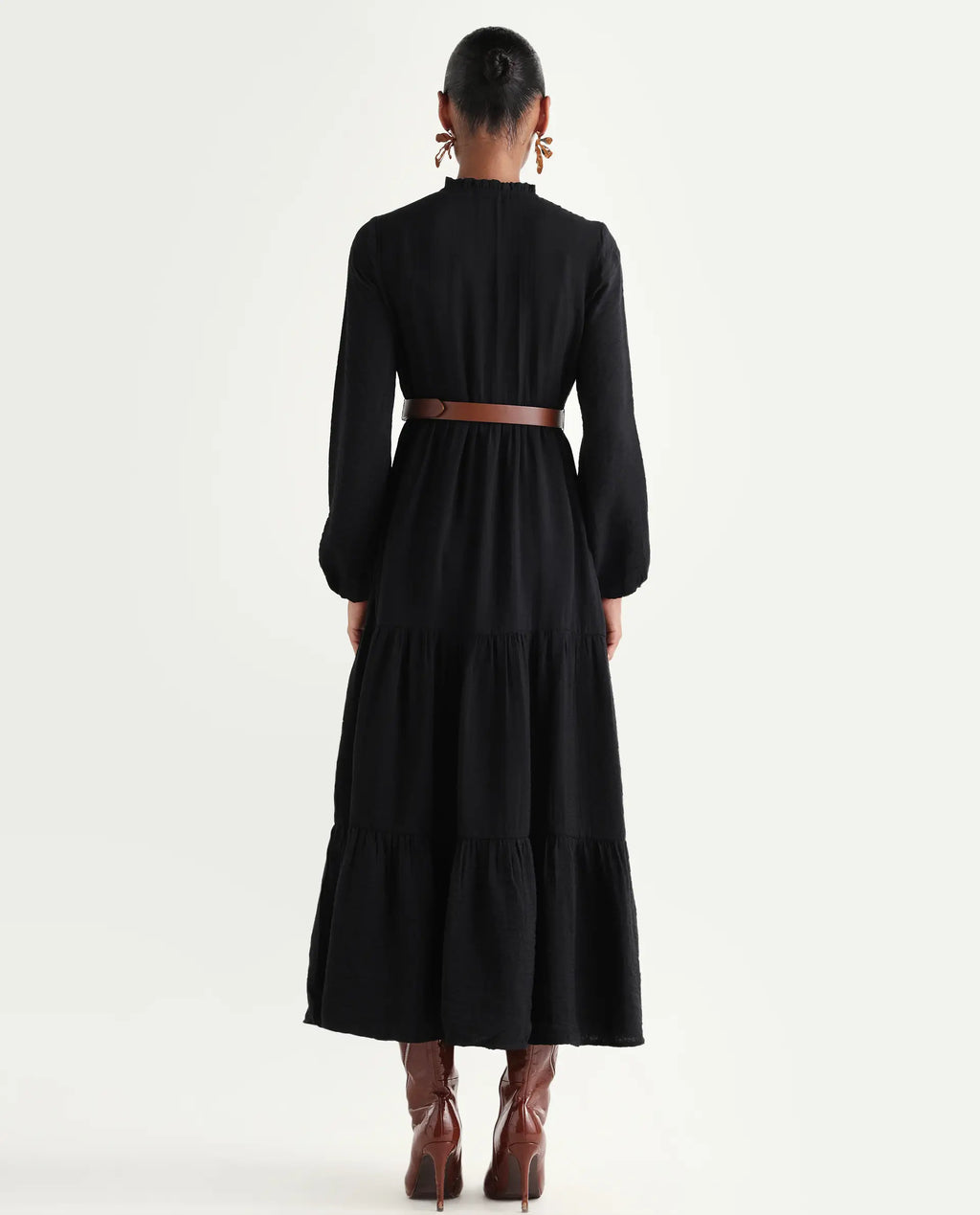 Rareism Women's Carlia Black Viscose Blend Full Sleeve Flared Plain Dress