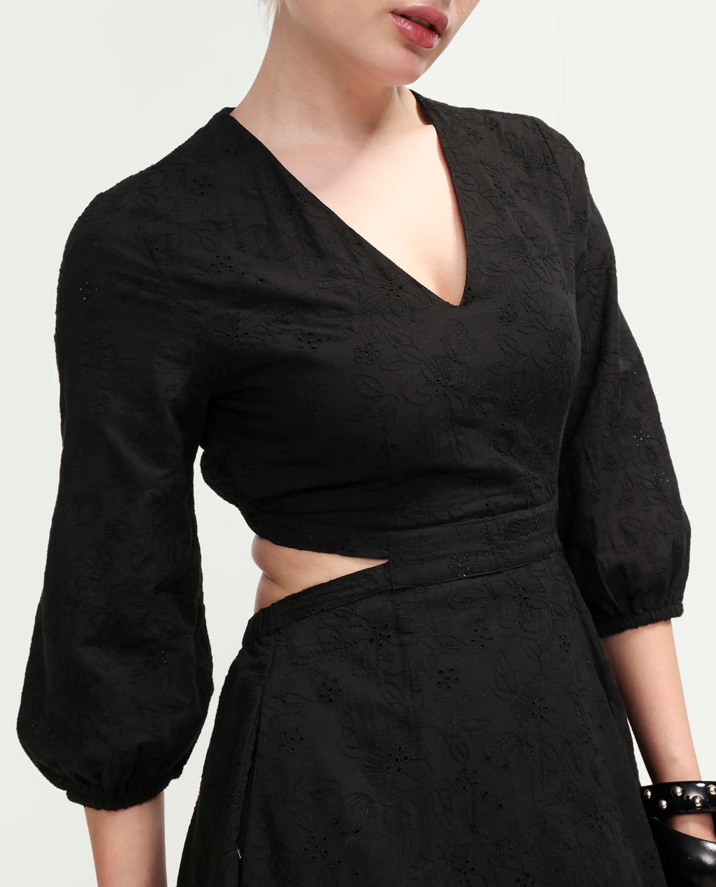 Rareism Women's Cazie Black Cotton 3/4Th Sleeve Fit And Flare Plain Dress