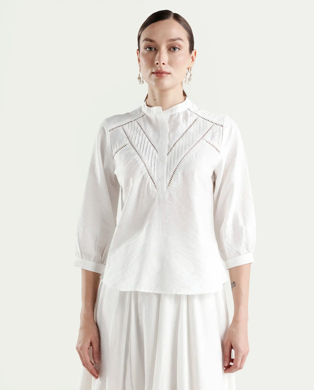 Rareism Women's Ceya White Viscose Blend 3/4th Sleeve Regular Fit Plain Top