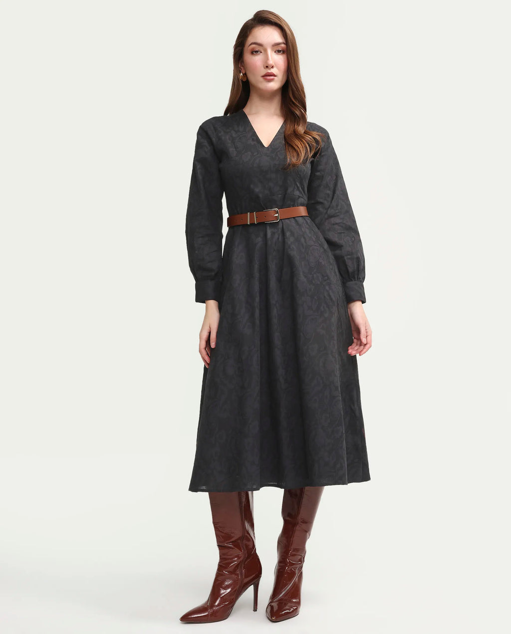 Rareism Women's Cinda Black Cotton Full Sleeve Flared Jacquard Dress