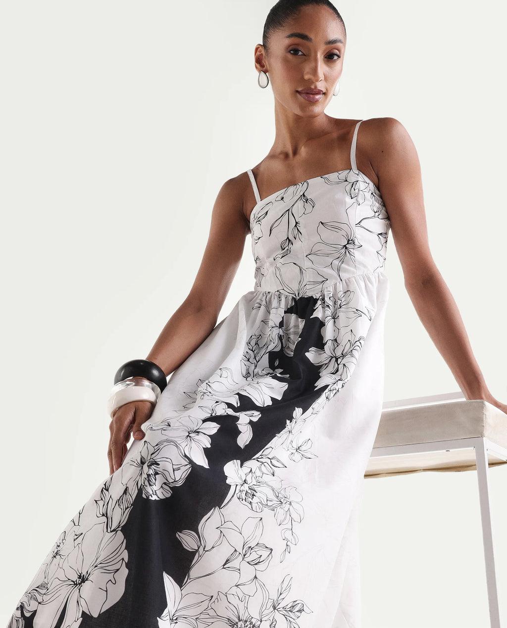 Rareism Women's Clara White Cotton Sleeveless Fit And Flare Floral Print Dress