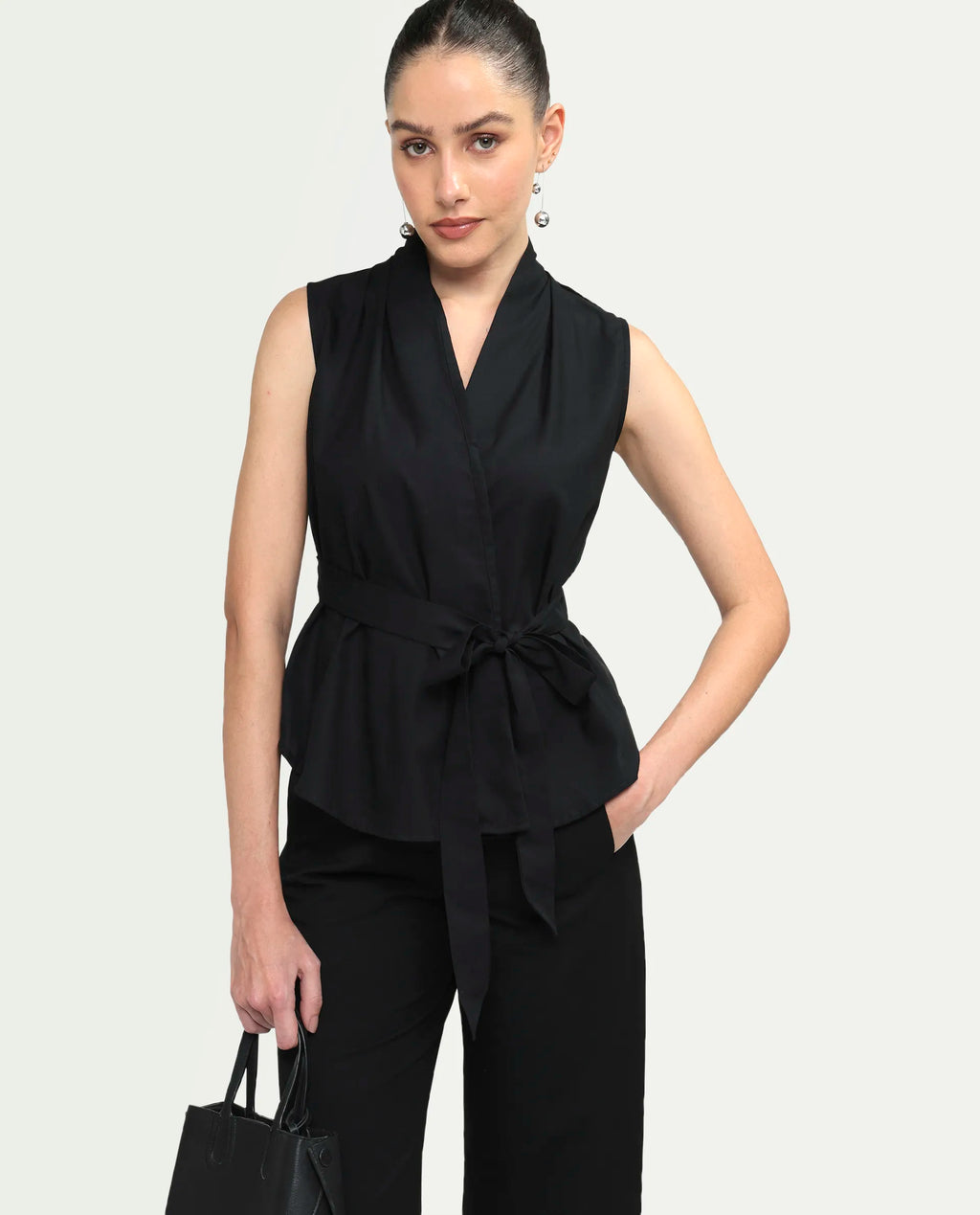 Rareism Women's Cyra Black Viscose Blend Sleeveless Regular Fit Plain Top