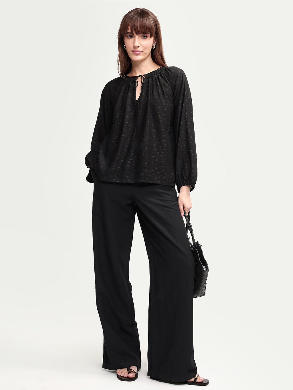 Rareism Women's Uniq Light Black Linen Blend Straight Plain Trouser