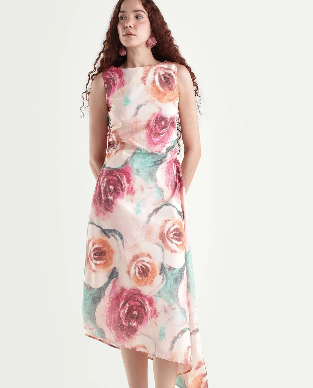 Rareism Women's Cirina Multi Boat Neck A-Line Printed Midi Dress