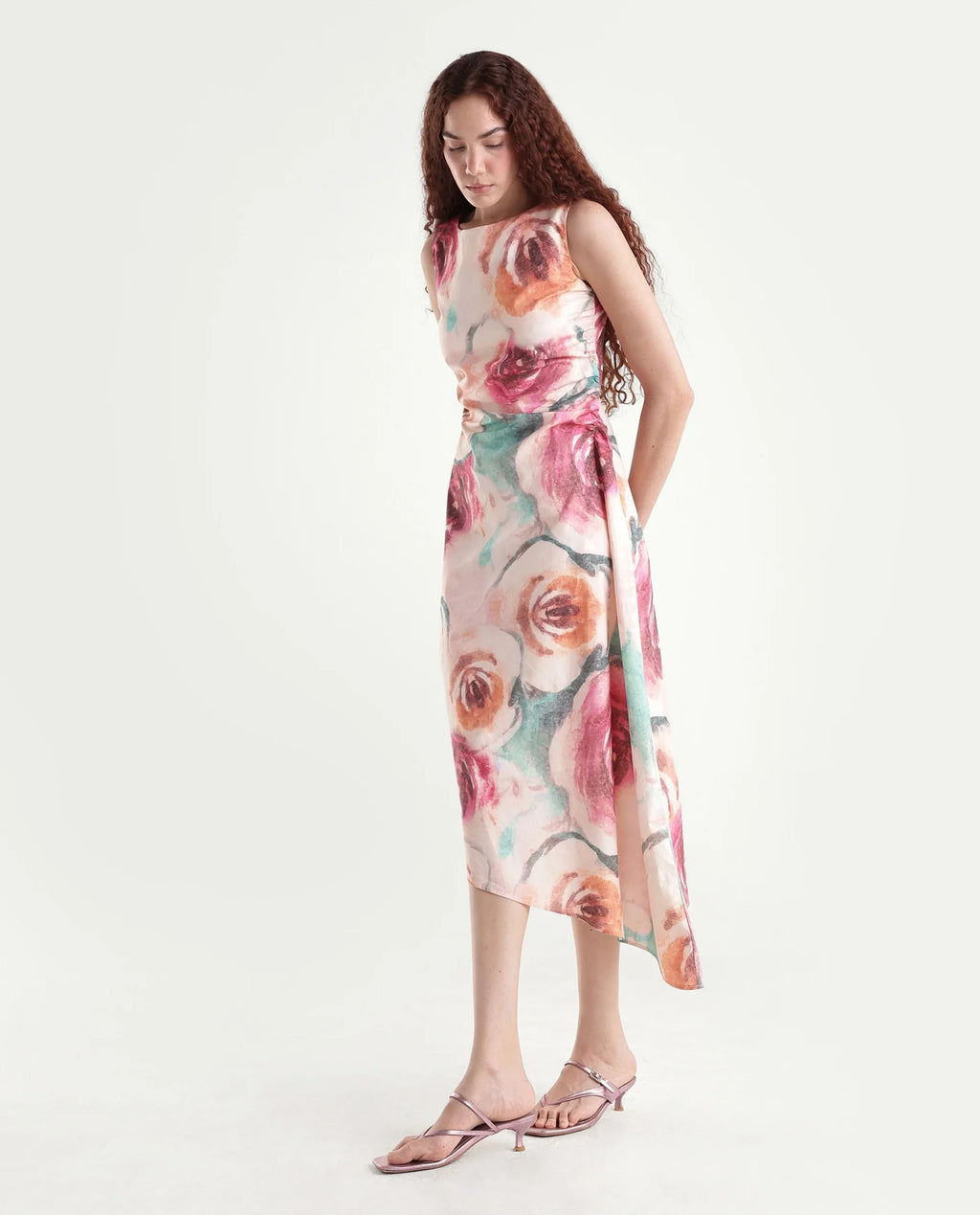 Rareism Women's Cirina Multi Boat Neck A-Line Printed Midi Dress