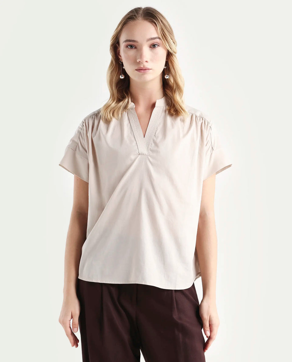 Rareism Women's Nupto Beige Cotton Mandarin Collar Relaxed Fit Plain Top