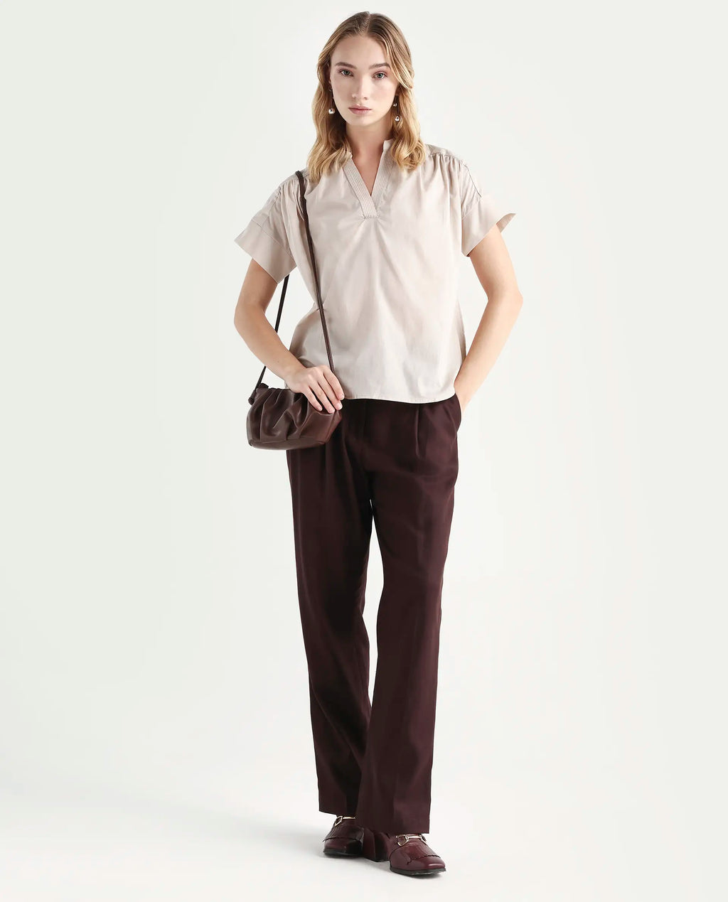 Rareism Women's Nupto Beige Cotton Mandarin Collar Relaxed Fit Plain Top