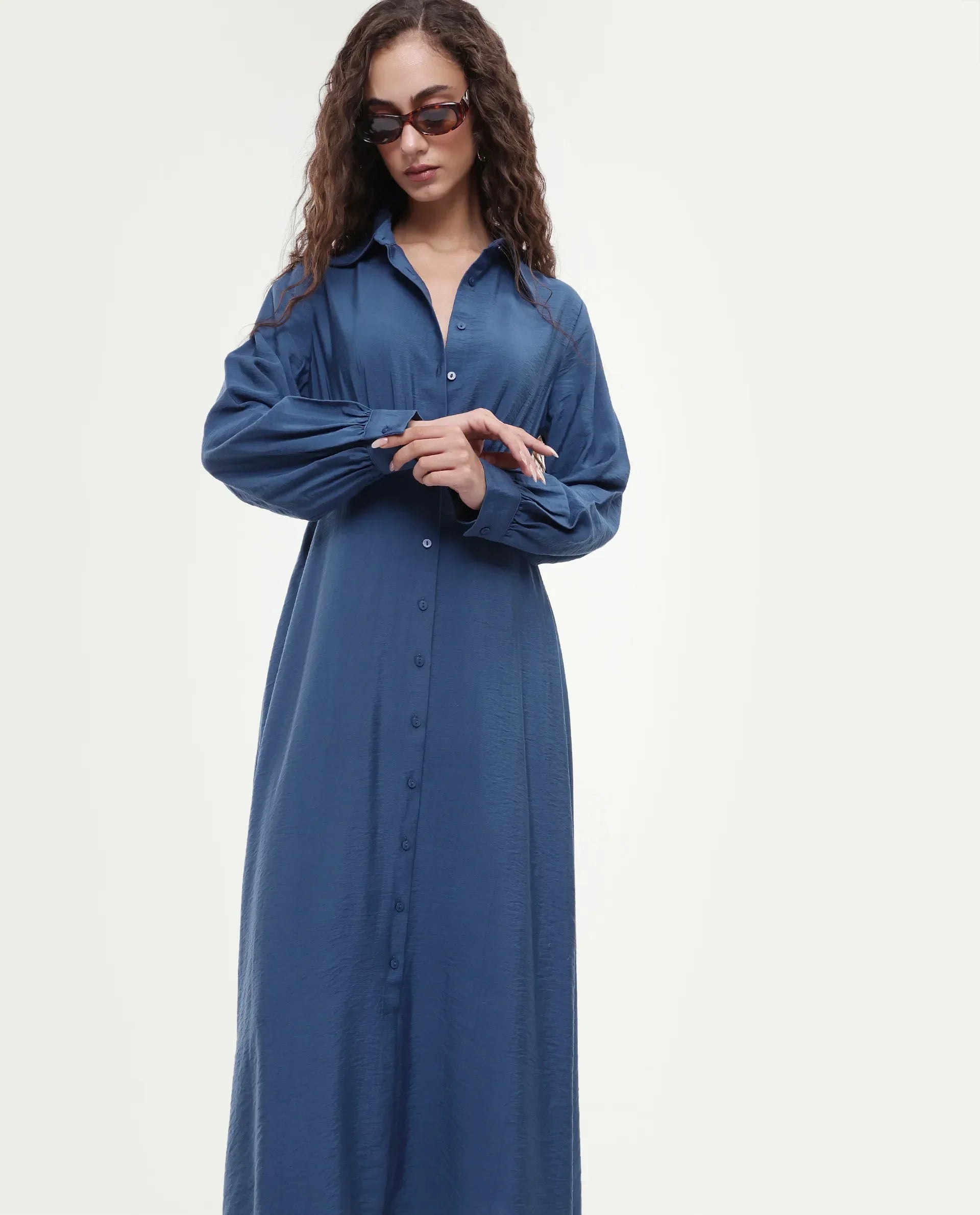 Rareism Women's Jenzif Blue Viscose Blend Collared Neck A-Line Plain Dress