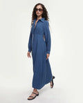 Rareism Women's Jenzif Blue Viscose Blend Collared Neck A-Line Plain Dress