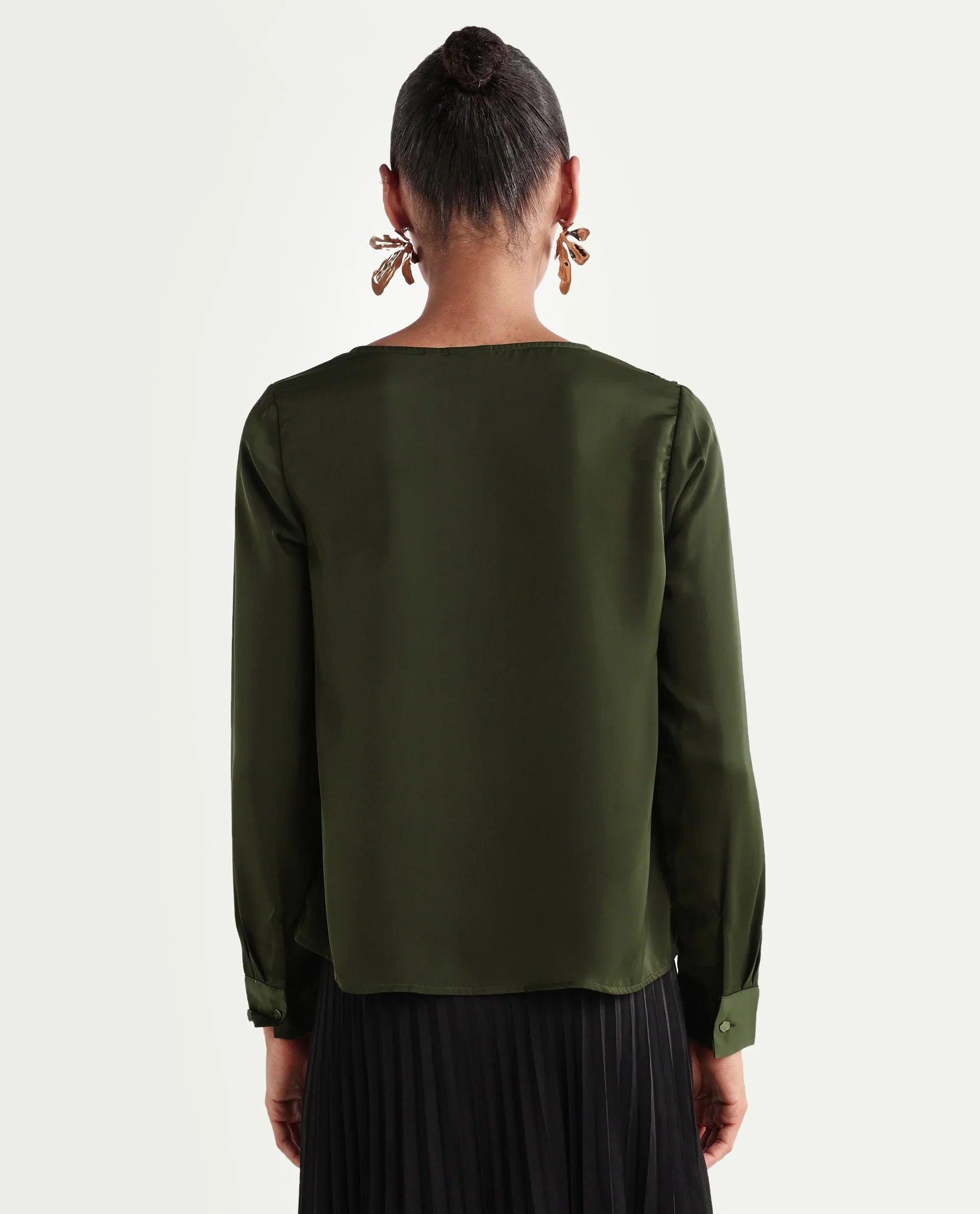 Rareism Women's Avier Olive Polyester Full Sleeve Cowl Neck Regular Fit Plain Top