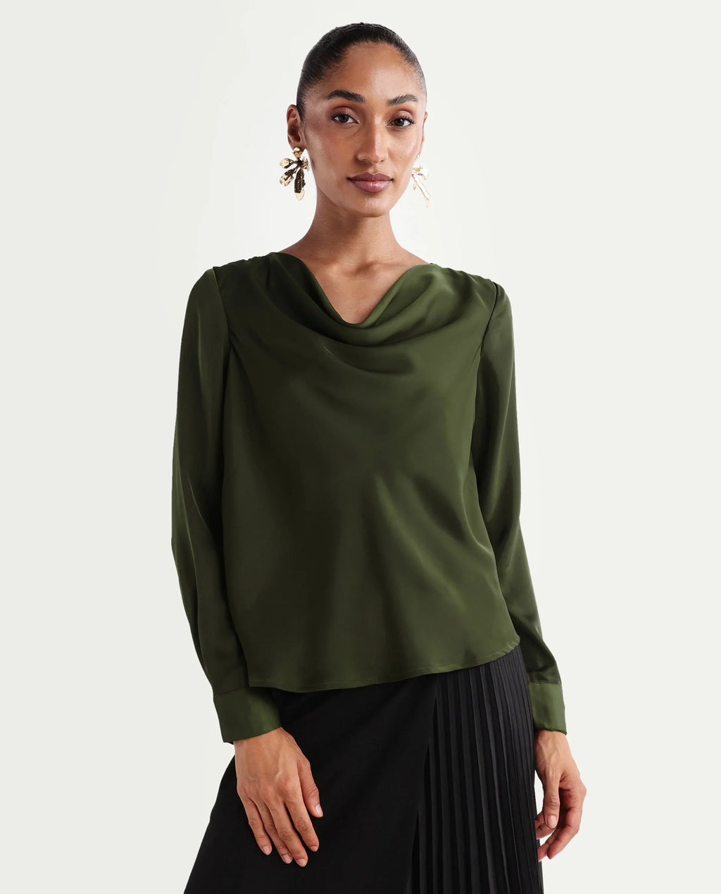 Rareism Women's Avier Olive Polyester Full Sleeve Cowl Neck Regular Fit Plain Top