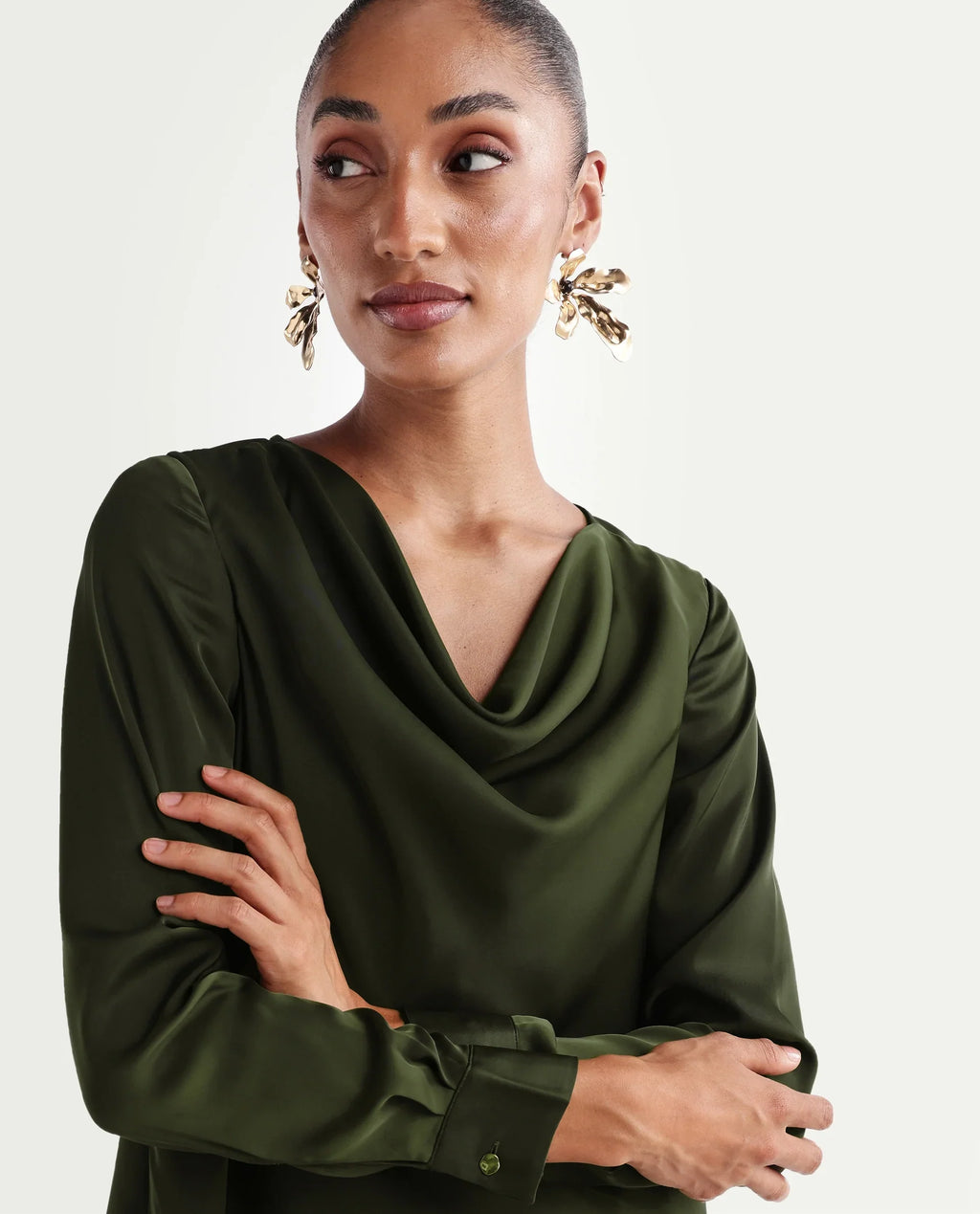 Rareism Women's Avier Olive Polyester Full Sleeve Cowl Neck Regular Fit Plain Top