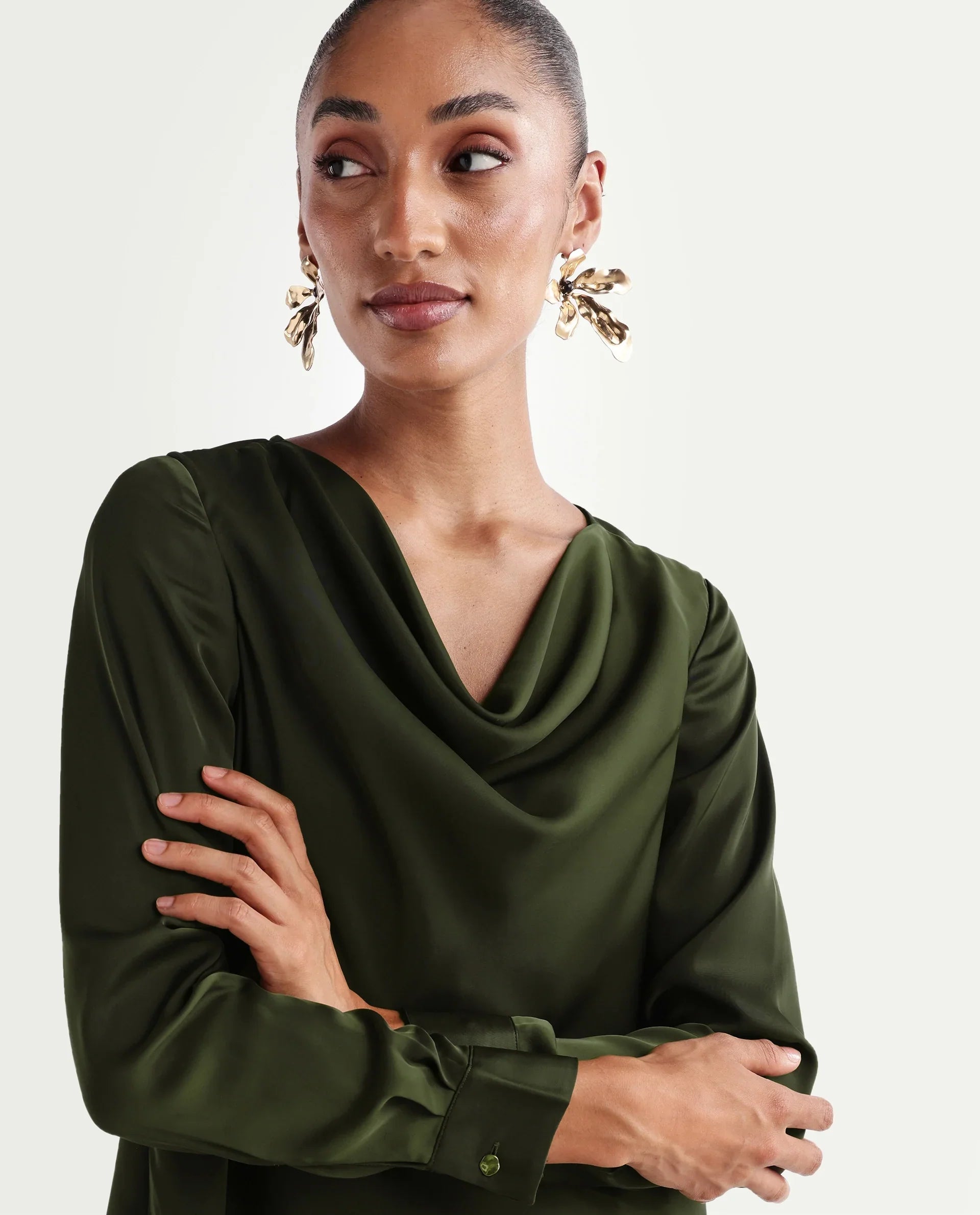 Rareism Women's Avier Olive Polyester Full Sleeve Cowl Neck Regular Fit Plain Top