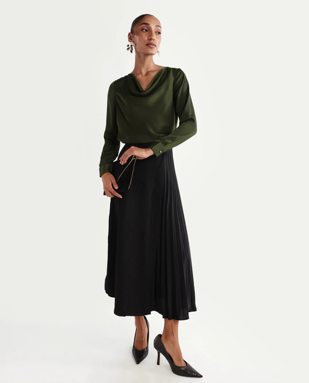 Rareism Women's Avier Olive Polyester Full Sleeve Cowl Neck Regular Fit Plain Top