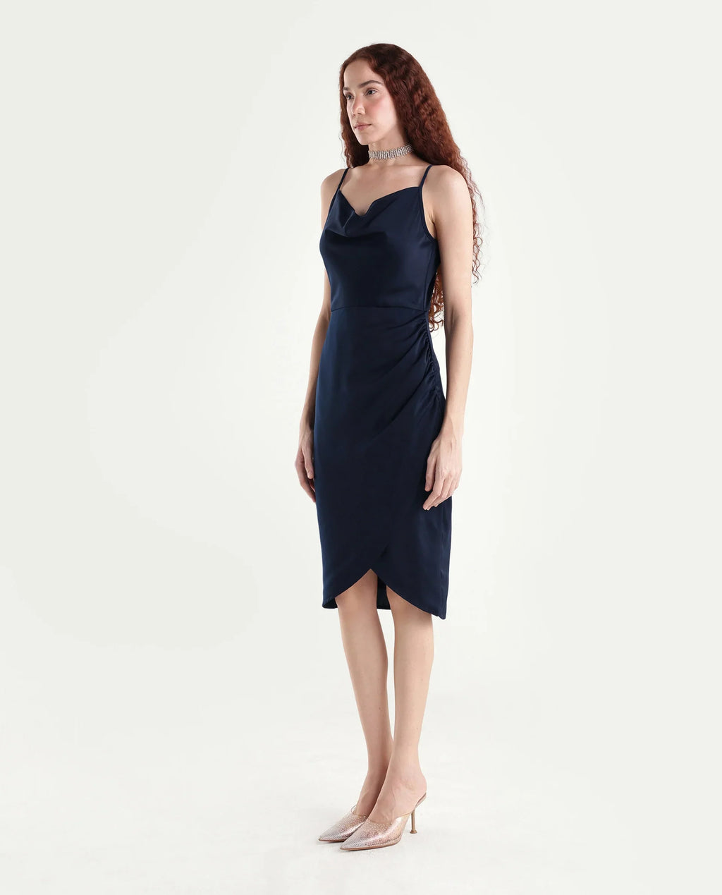 Rareism Women's Avilu Navy Polyester Shoulder Straps Fitted Plain Dress
