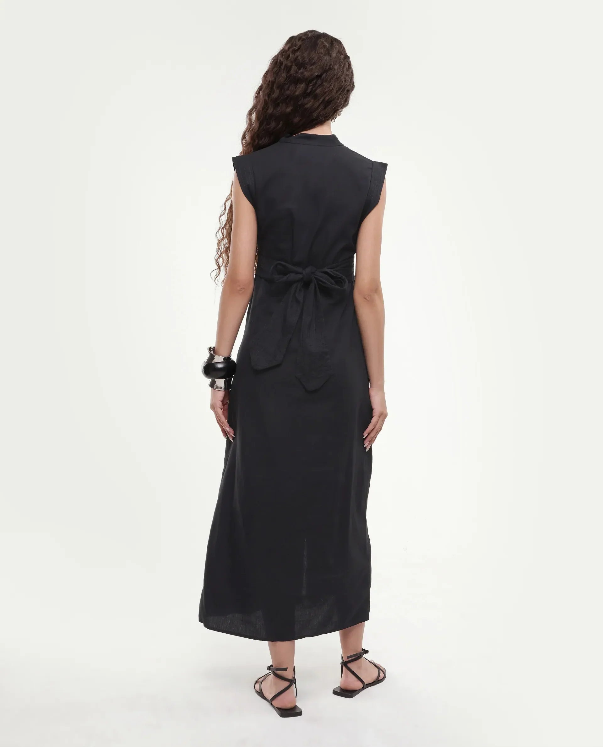 Rareism Women's Jenzo Black Cotton Sleeveless Mandarin Collar Straight Fit Plain Dress