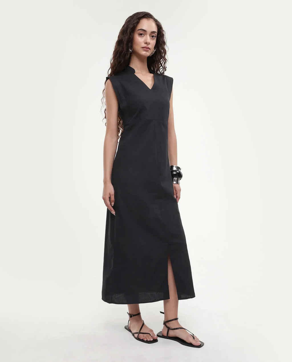 Rareism Women's Jenzo Black Cotton Sleeveless Mandarin Collar Straight Fit Plain Dress