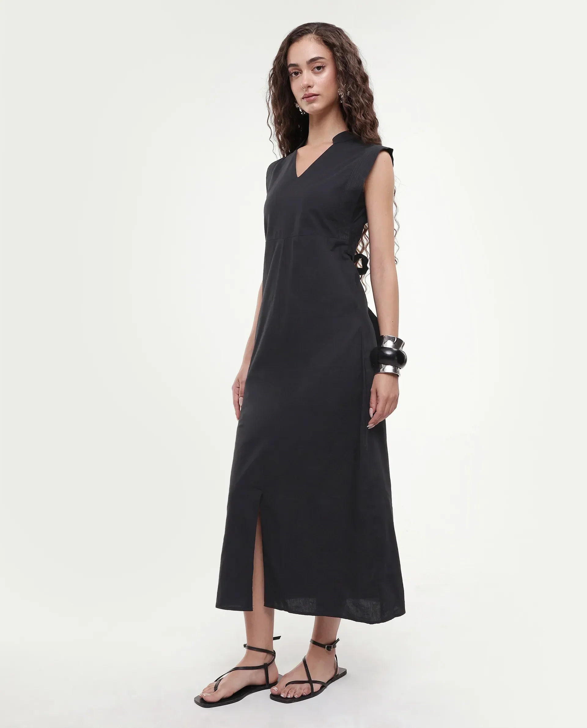 Rareism Women's Jenzo Black Cotton Sleeveless Mandarin Collar Straight Fit Plain Dress