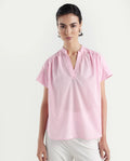 Rareism Women's Nupto Pastel Pink Cotton Extended Sleeves Mandarin Collar Relaxed Fit Plain Top