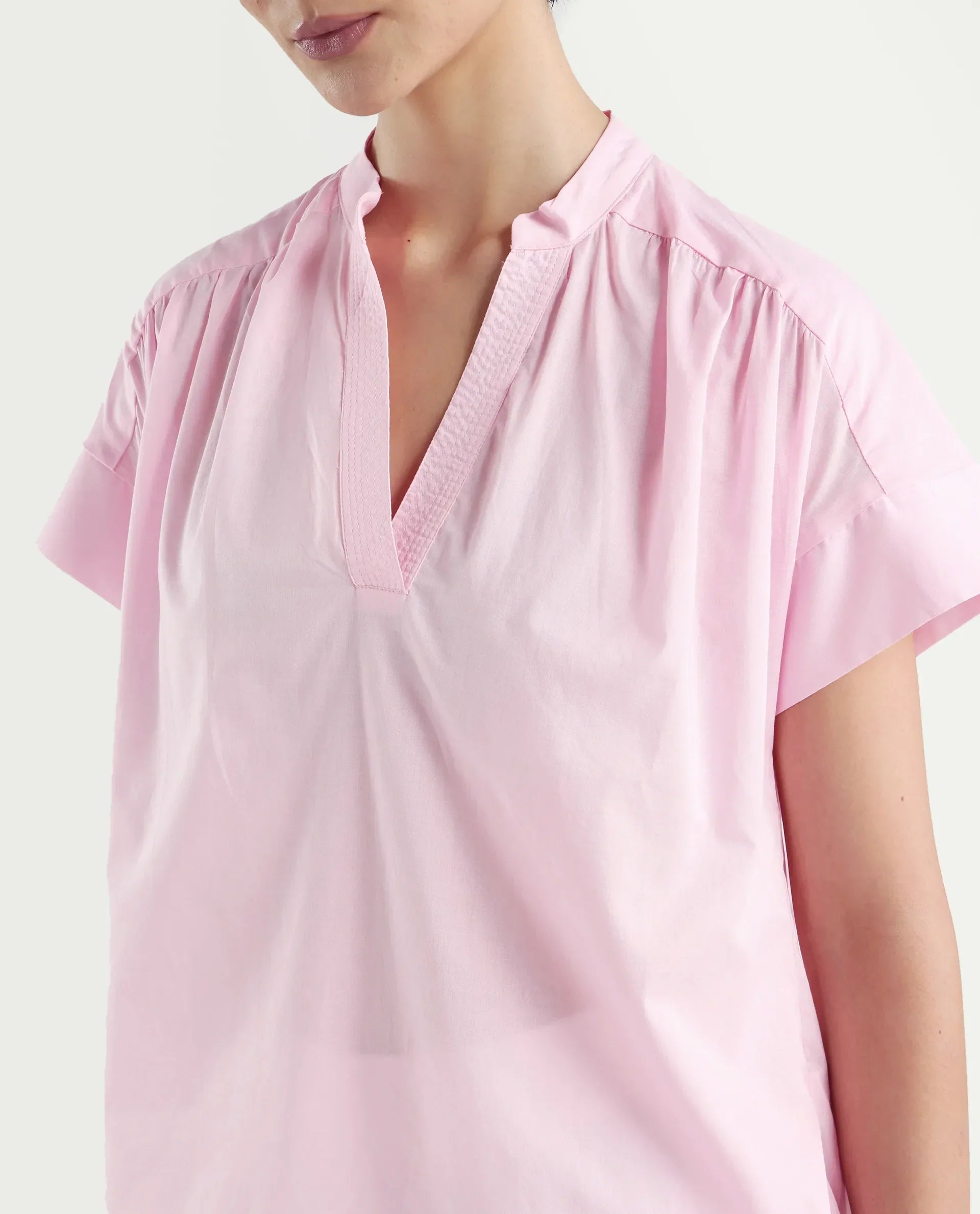 Rareism Women's Nupto Pastel Pink Cotton Extended Sleeves Mandarin Collar Relaxed Fit Plain Top