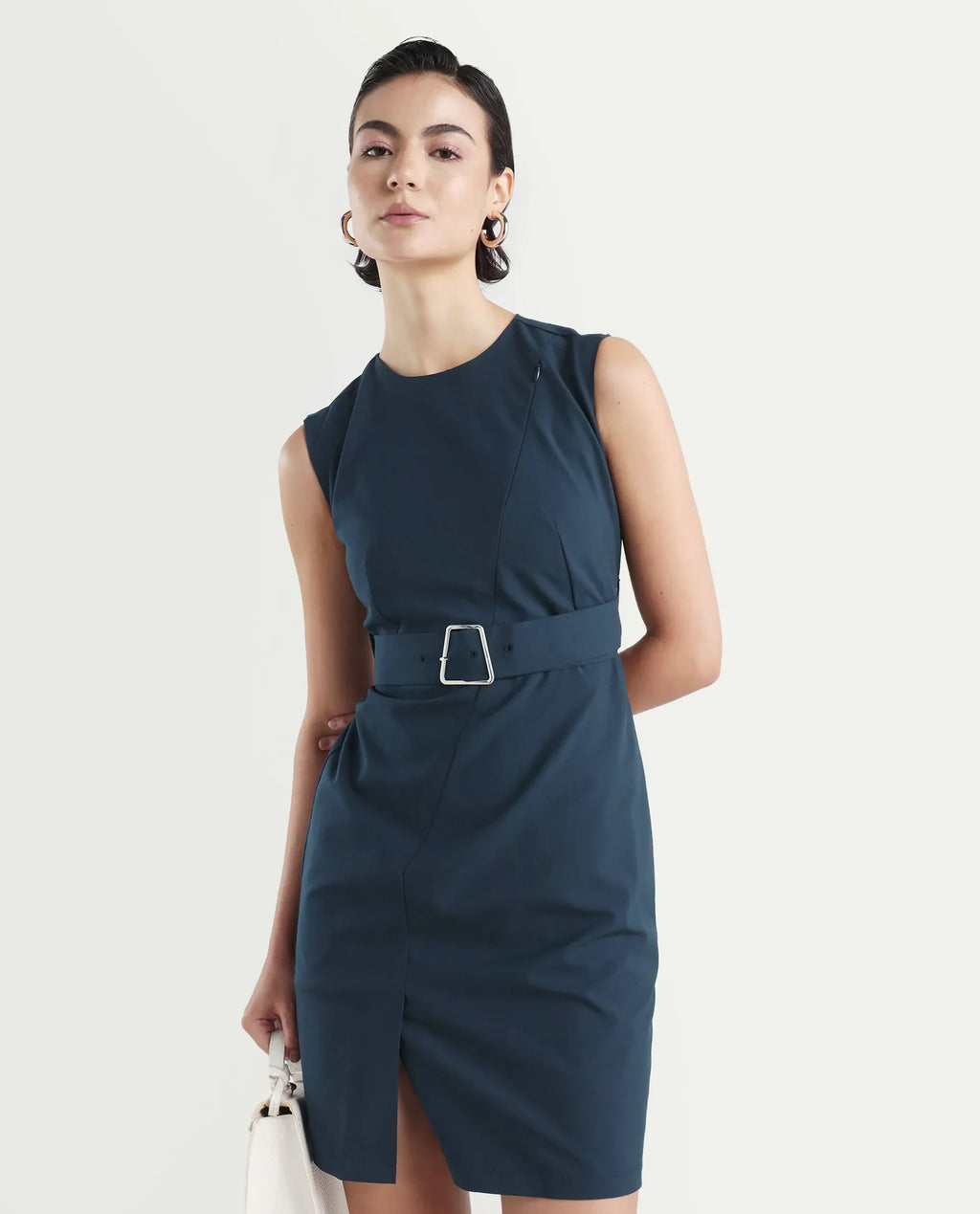 Rareism Women's Jiky Navy Polyester Blend Sleeveless Round Neck Fitted Fit Plain Dress