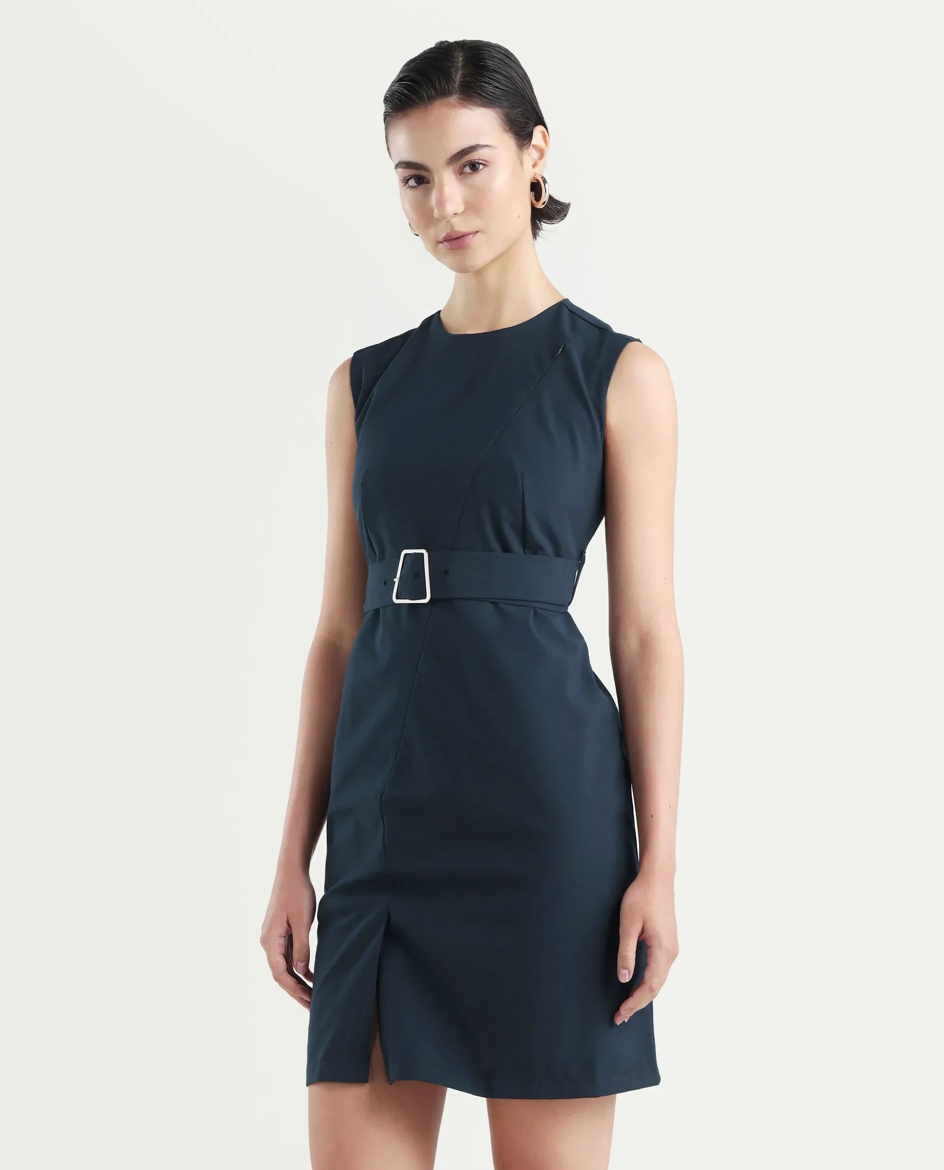 Rareism Women's Jiky Navy Polyester Blend Sleeveless Round Neck Fitted Fit Plain Dress