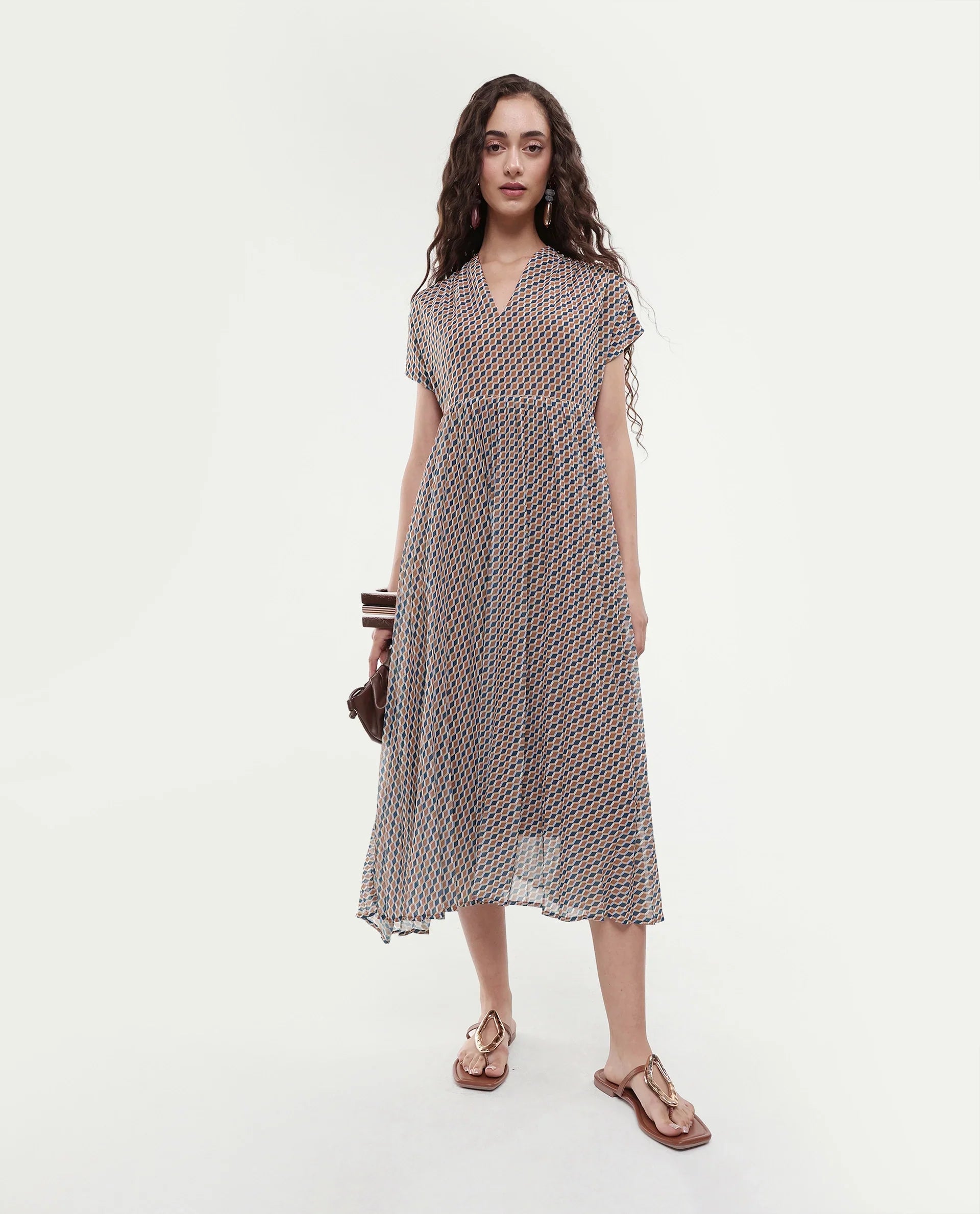 Rareism Women's Jurem Multi Polyester V-Neck Fit And Flare Printed Dress