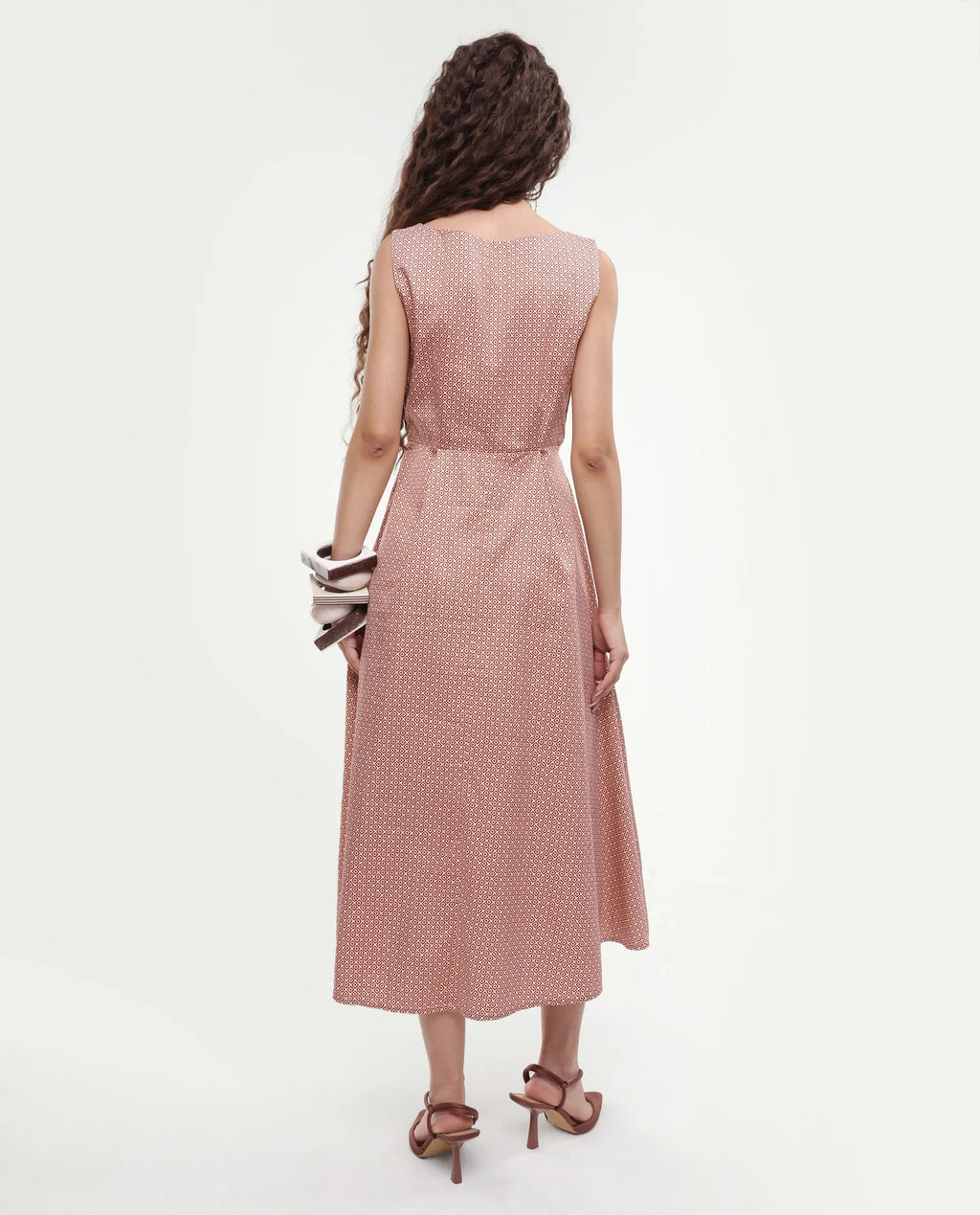 Rareism Women's Jexor Pink Cotton Boat Neck A-Line Printed Midi Dress