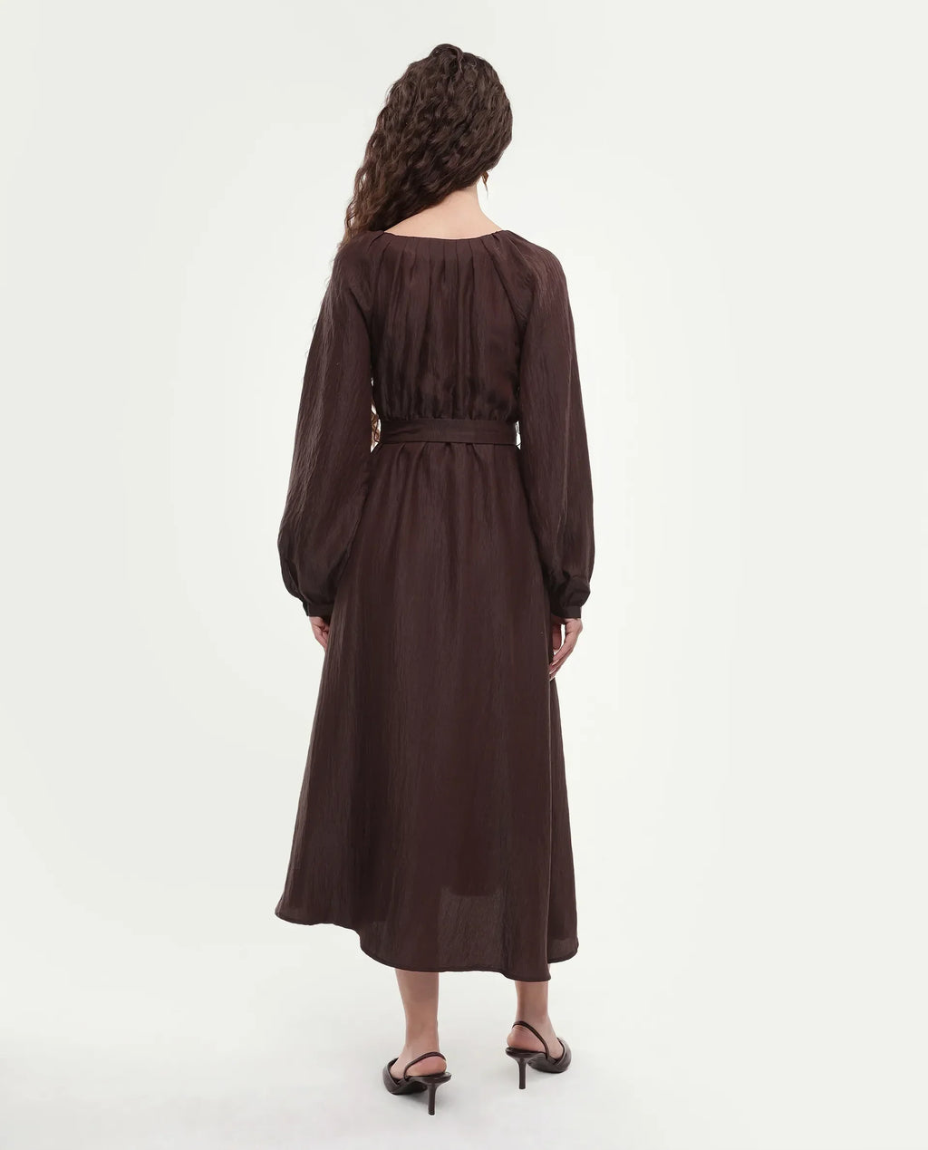 Rareism Women's Jumi Dark Brown Viscose Blend Raglan Sleeves V-Neck Flared Fit Plain Dress