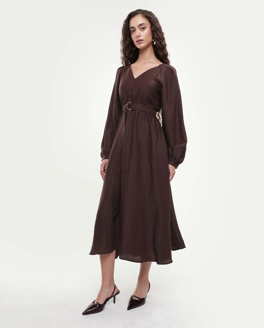 Rareism Women's Jumi Dark Brown Viscose Blend Raglan Sleeves V-Neck Flared Fit Plain Dress