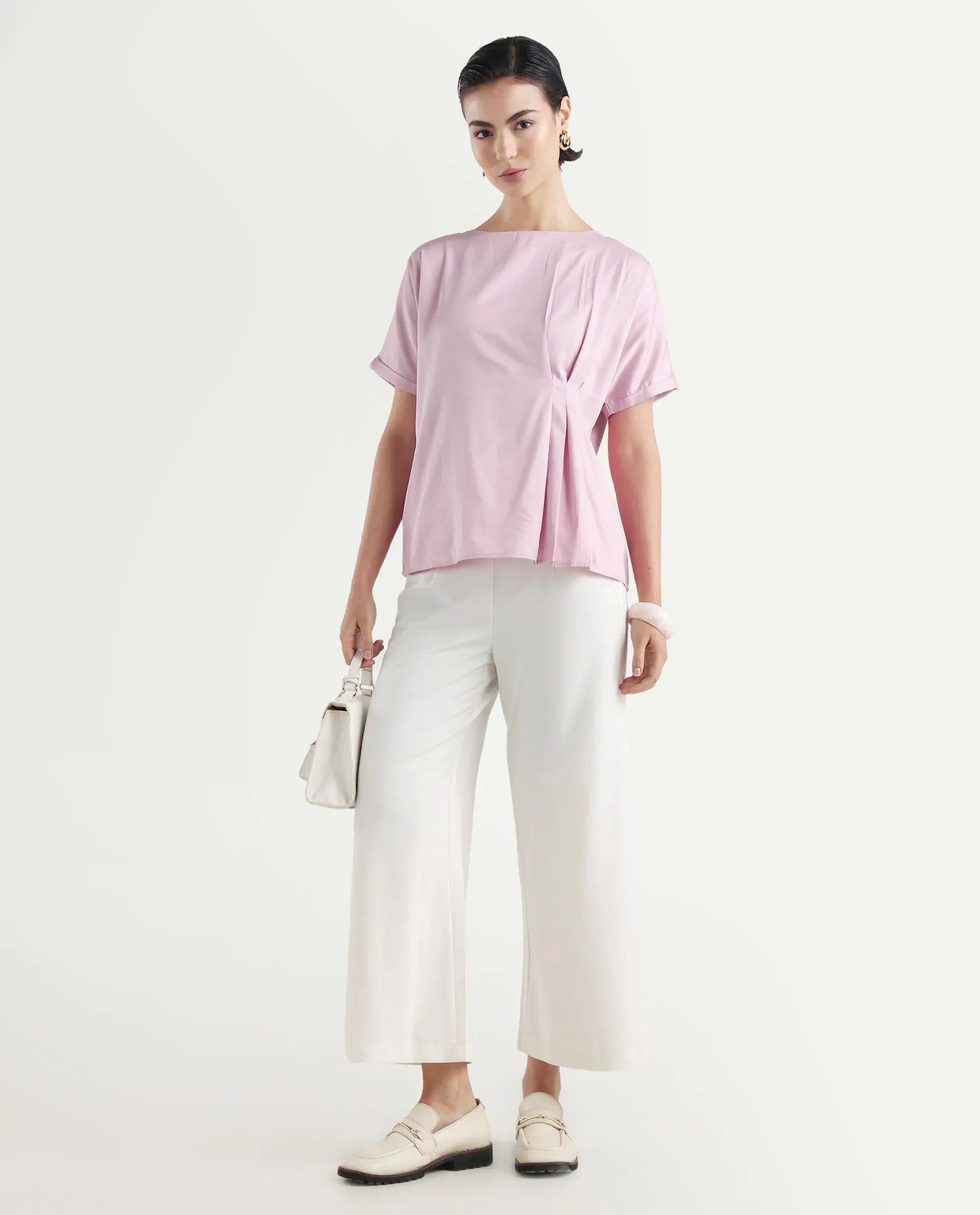 Rareism Women's Niyol Dusky Pink Cotton Blend Round Neck Regular Fit Plain Top