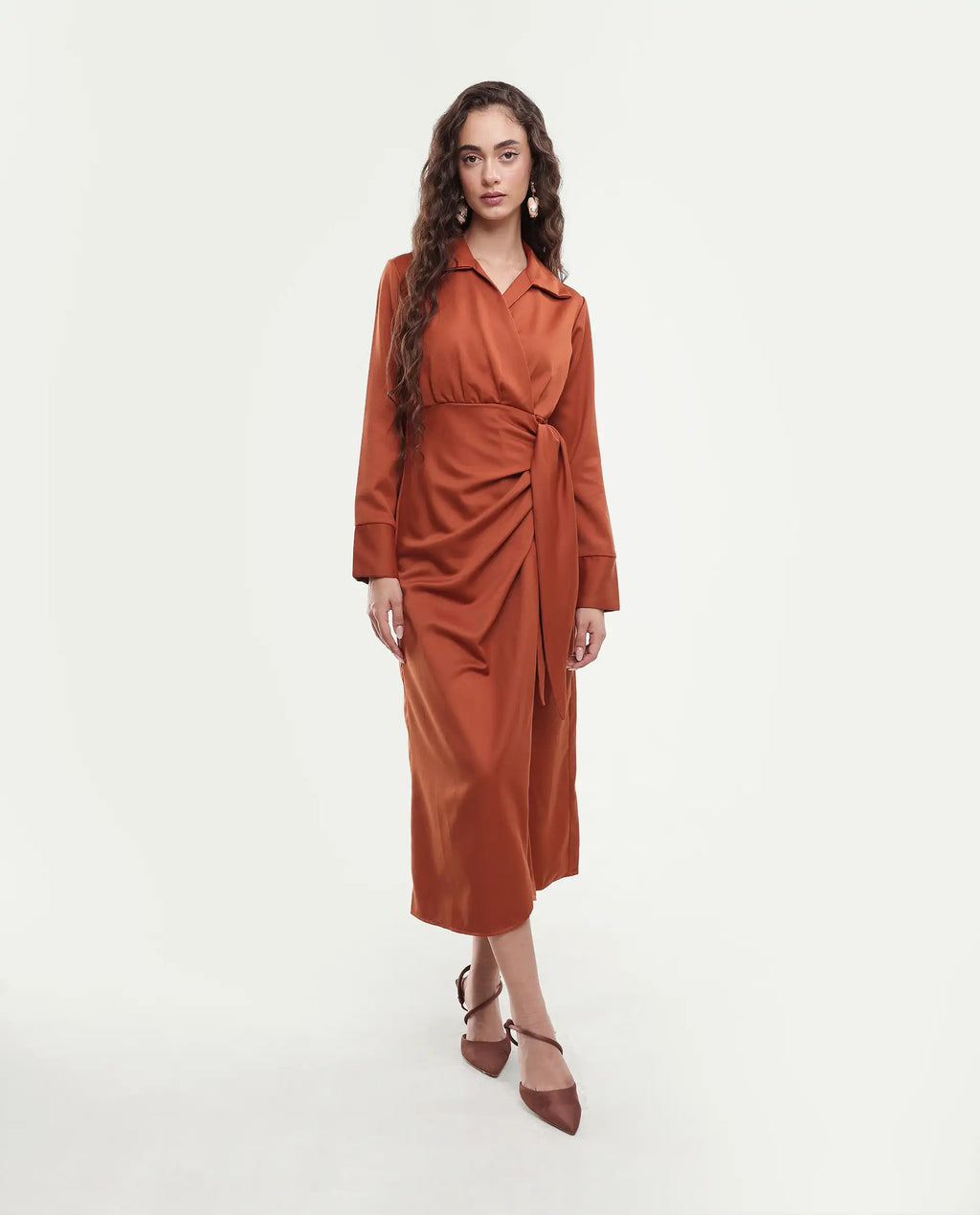 Rareism Women's Jenlin Rust Polyester Blend Full Sleeve Jonny Collar Straight Fit Dress