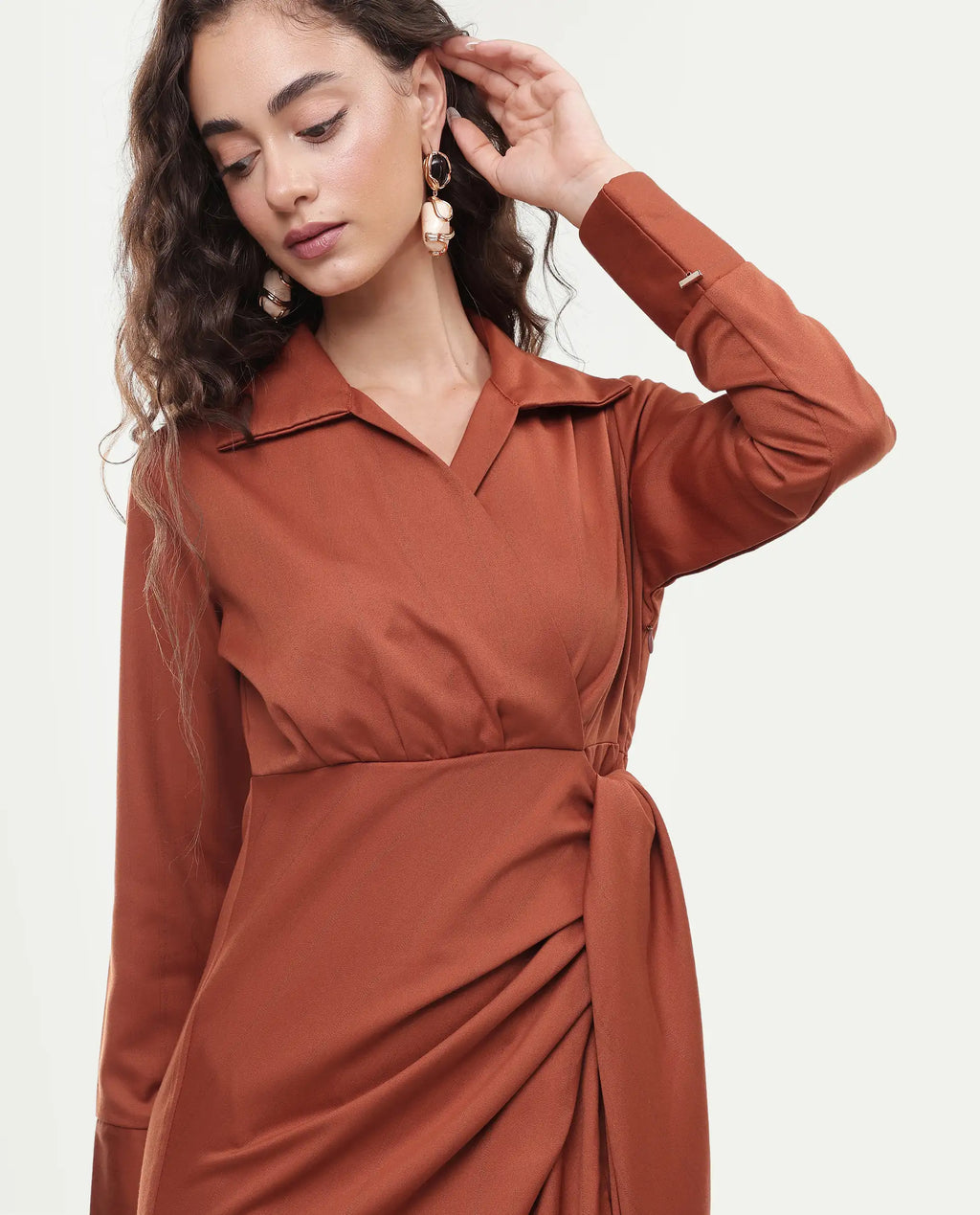 Rareism Women's Jenlin Rust Polyester Blend Full Sleeve Jonny Collar Straight Fit Dress
