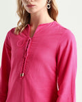 Rareism Women Nulan Pink Bishop Sleeve Tie-Up Neck Plain Top