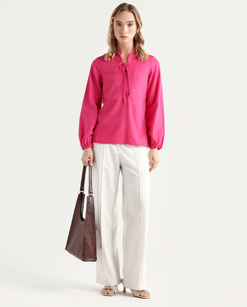 Rareism Women Nulan Pink Bishop Sleeve Tie-Up Neck Plain Top