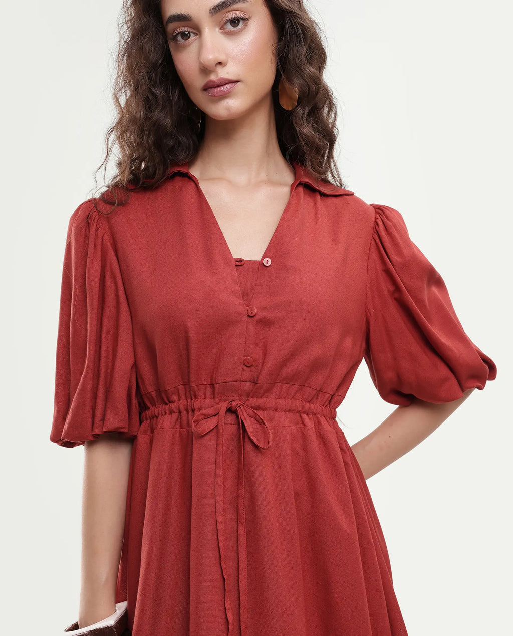 Rareism Women's Juvix Rust Viscose Blend Jonny Collar Fit And Flare Plain Dress
