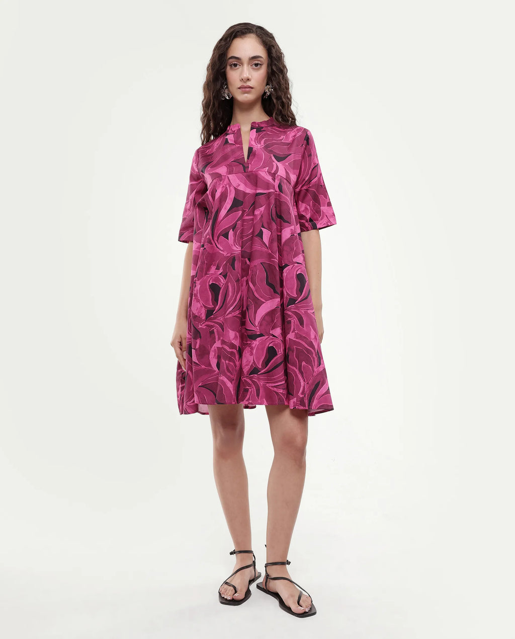 Rareism Women Jenleop Dark Pink Regular Sleeves Mandarin Collar Flared Mini Printed Dress
