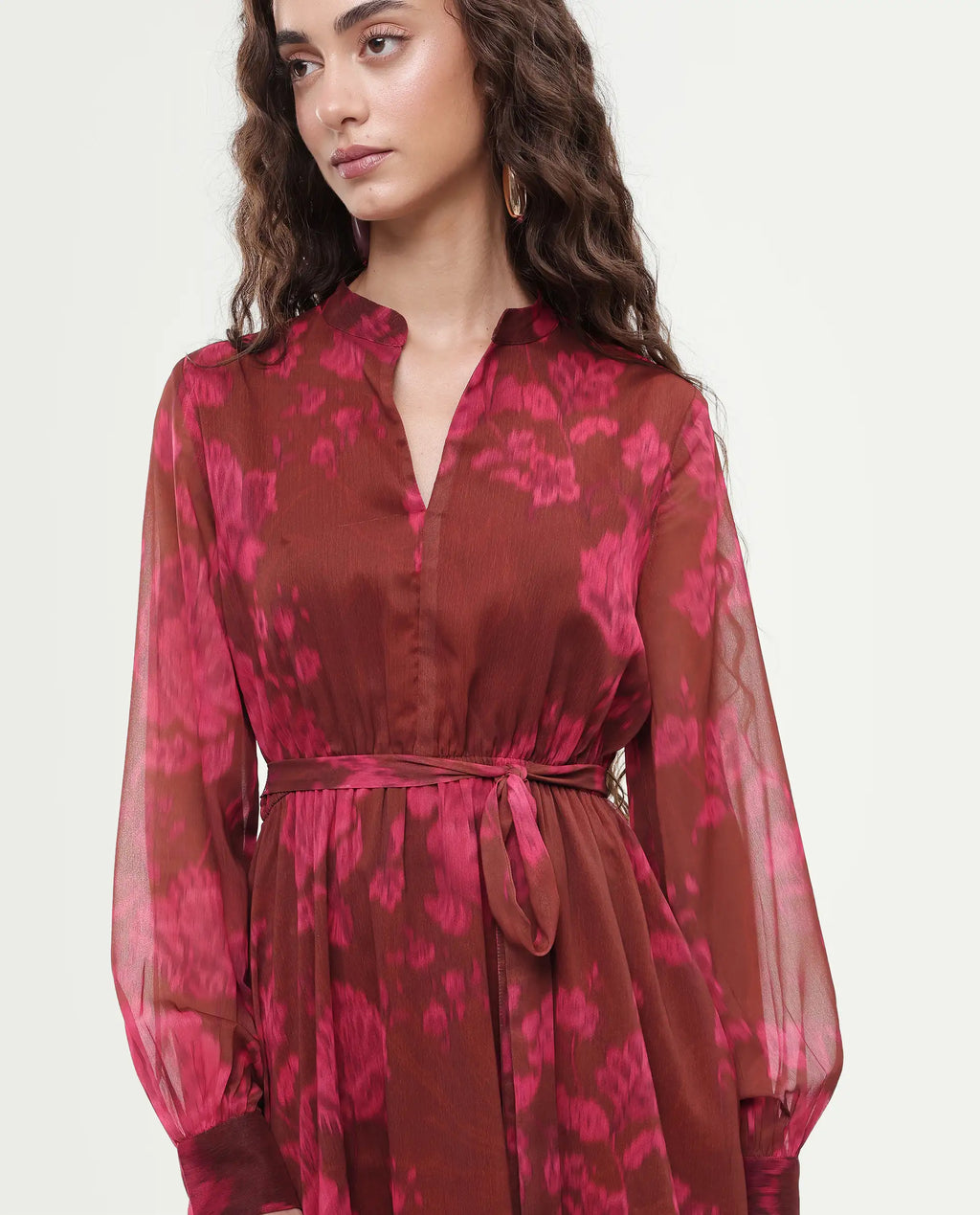 Rareism Women Jeho Brown Cuffed Sleeve Mandarin Collar Flared Midi Printed Dress