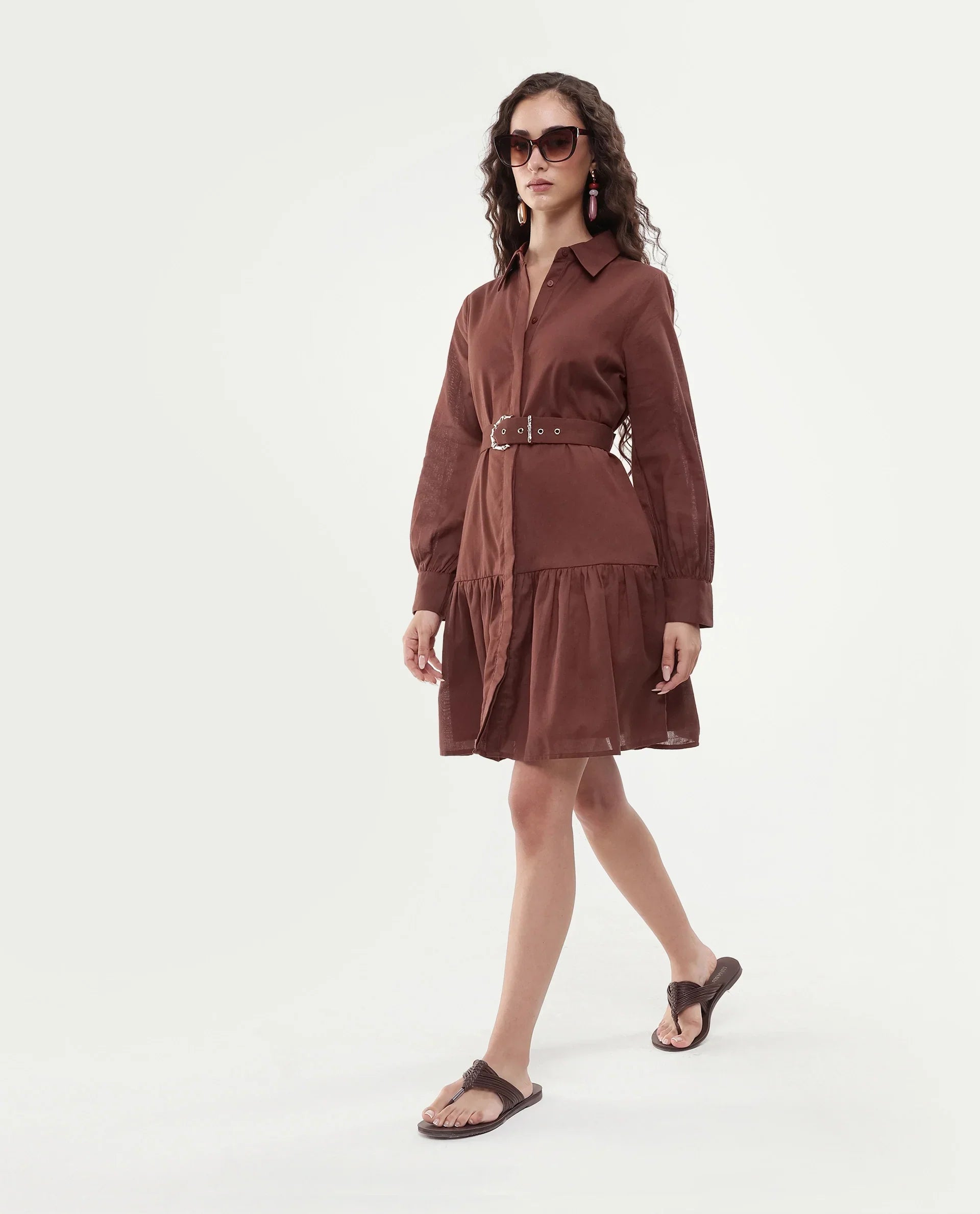 Rareism Women's Jenron Brown Cotton Blend Cuffed Sleeve Collared Neck Flared Fit Plain Dress