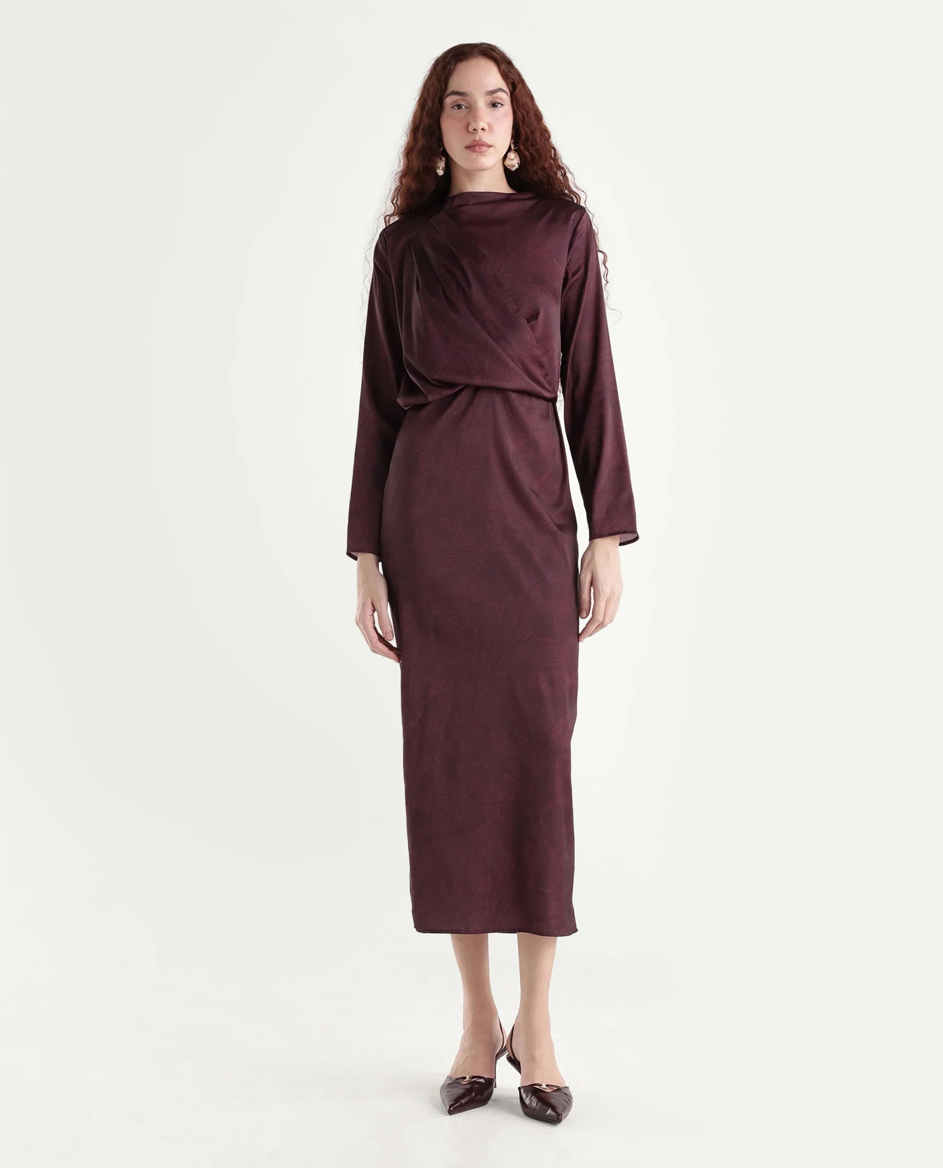 Rareism Women's Jusat Maroon Polyester Cowl Neck Straight Fit Dress