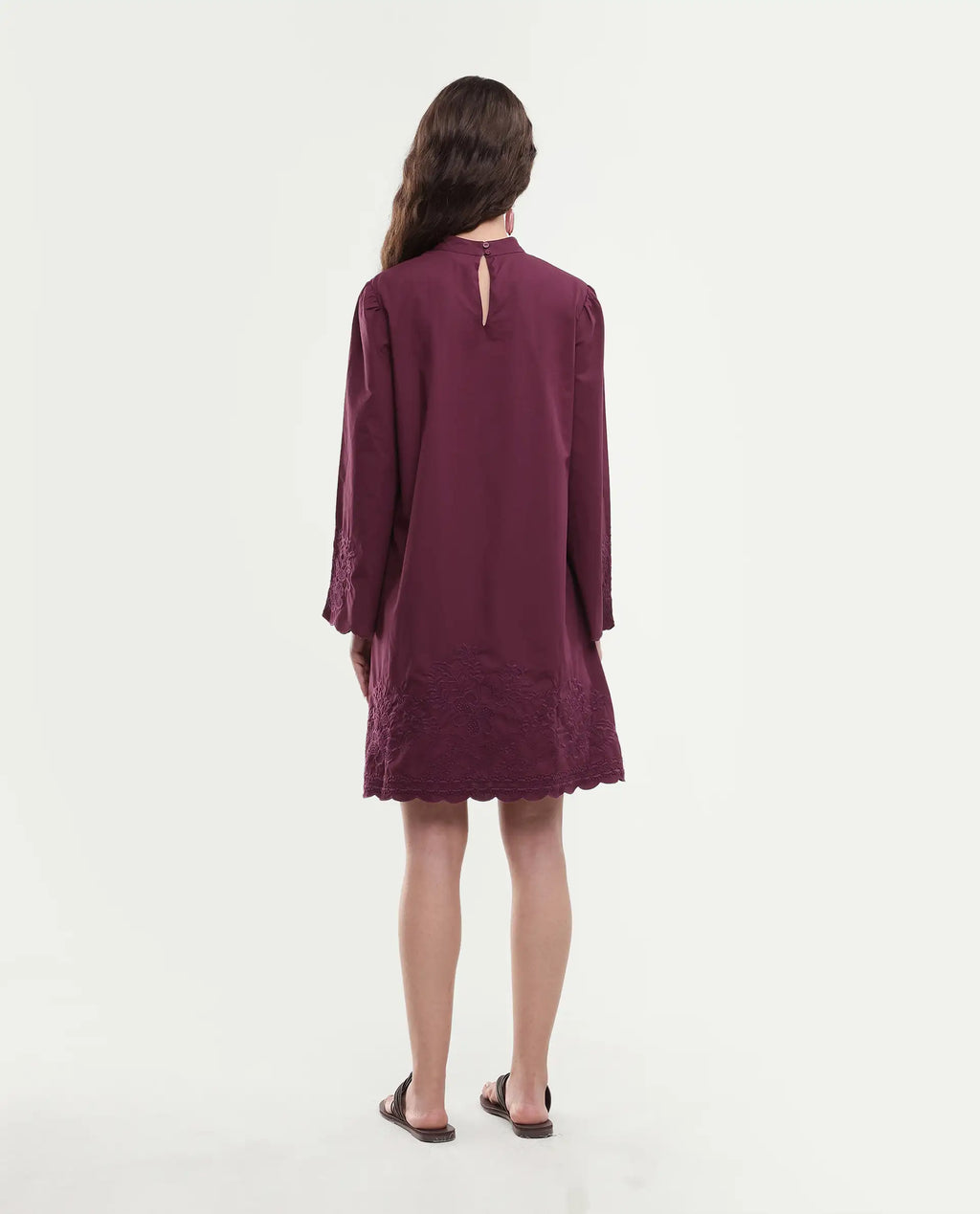 Rareism Women's Jenmin Maroon Cotton Bell Sleeves Mandarin Collar A-Line Fit Plain Dress