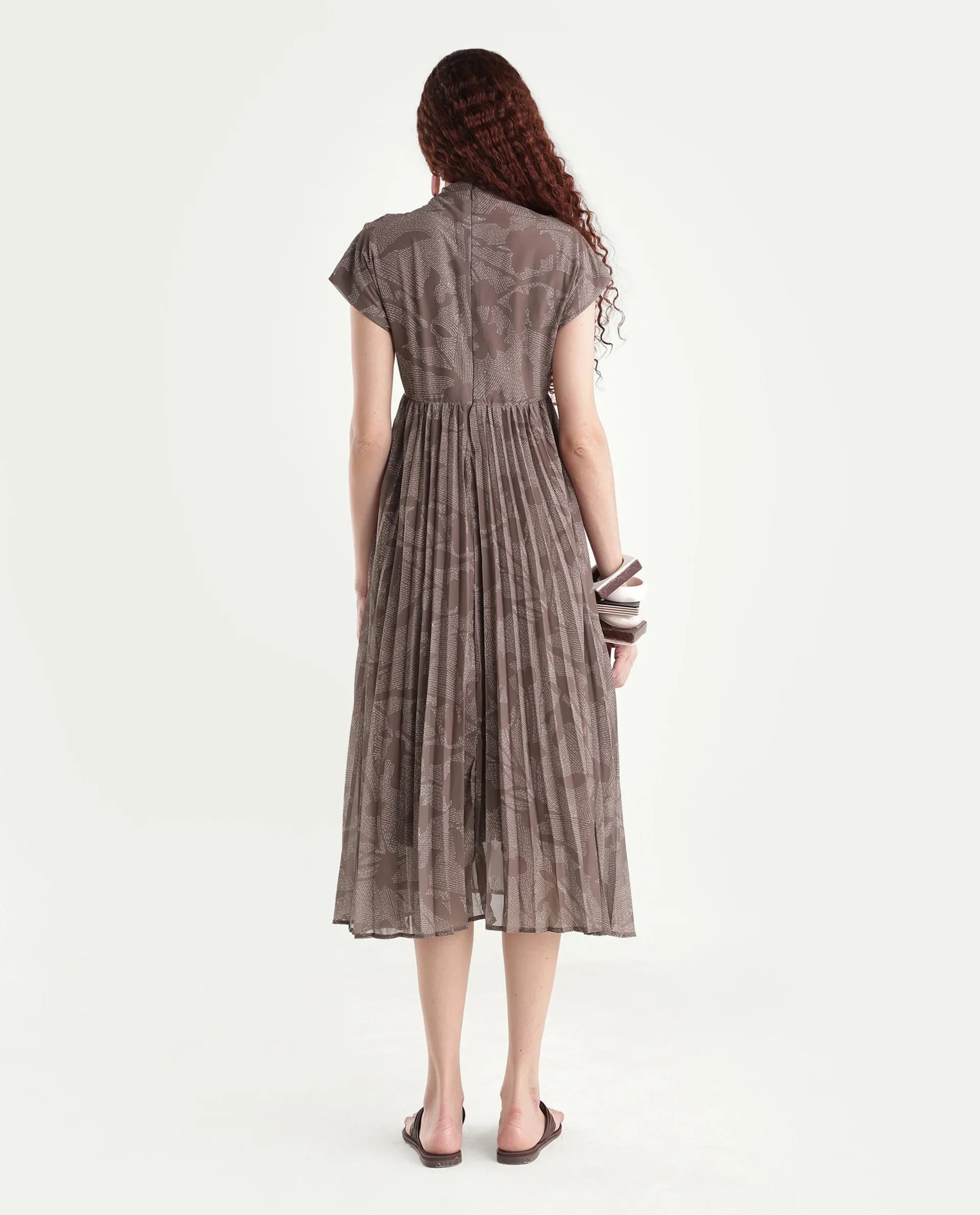 Rareism Women's Juremi Light Brown Cotton V-Neck Fit And Flare Printed Dress