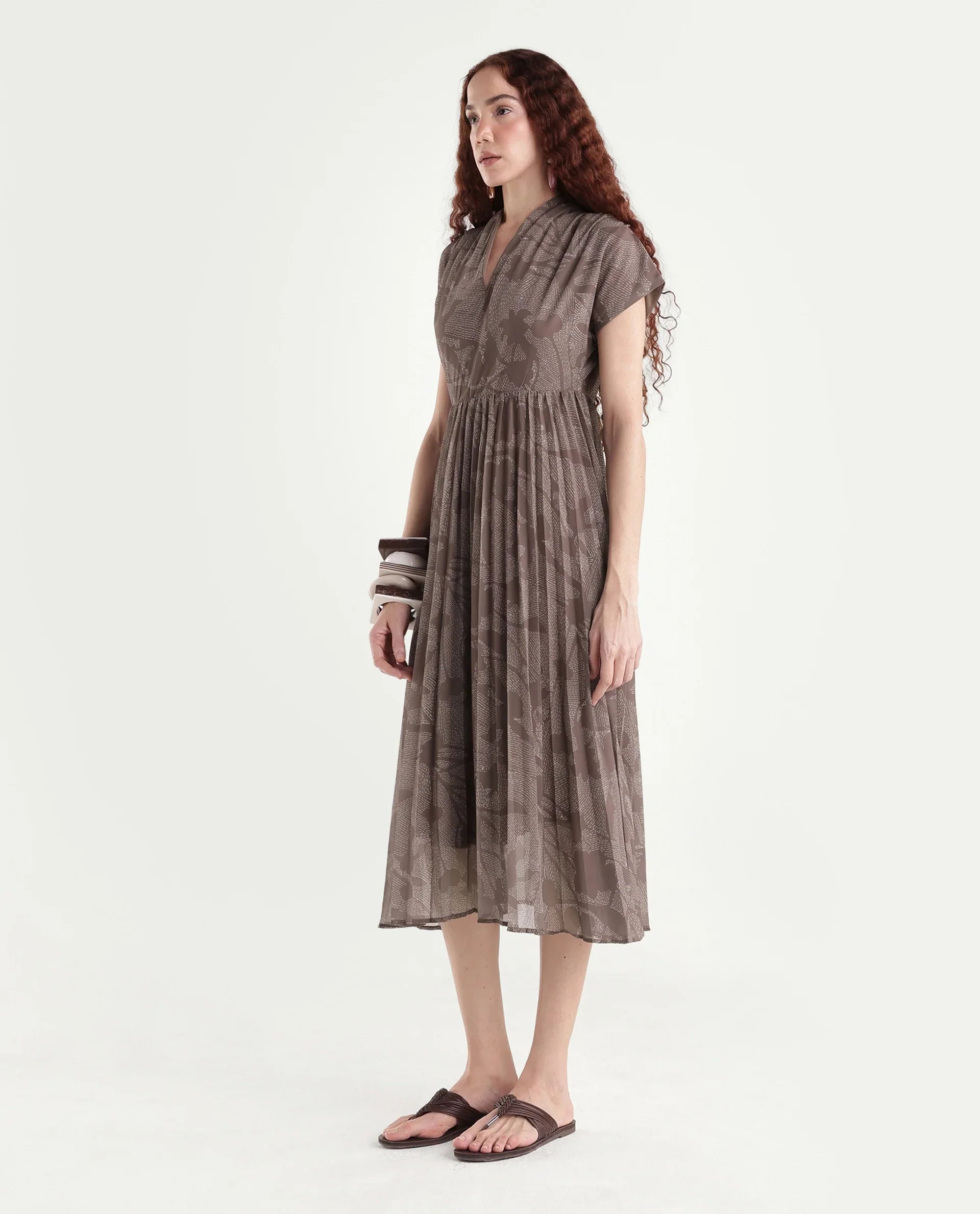 Rareism Women's Juremi Light Brown Cotton V-Neck Fit And Flare Printed Dress