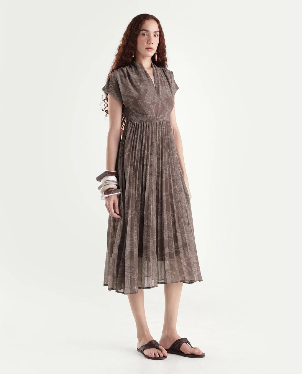Rareism Women's Juremi Light Brown Cotton V-Neck Fit And Flare Printed Dress