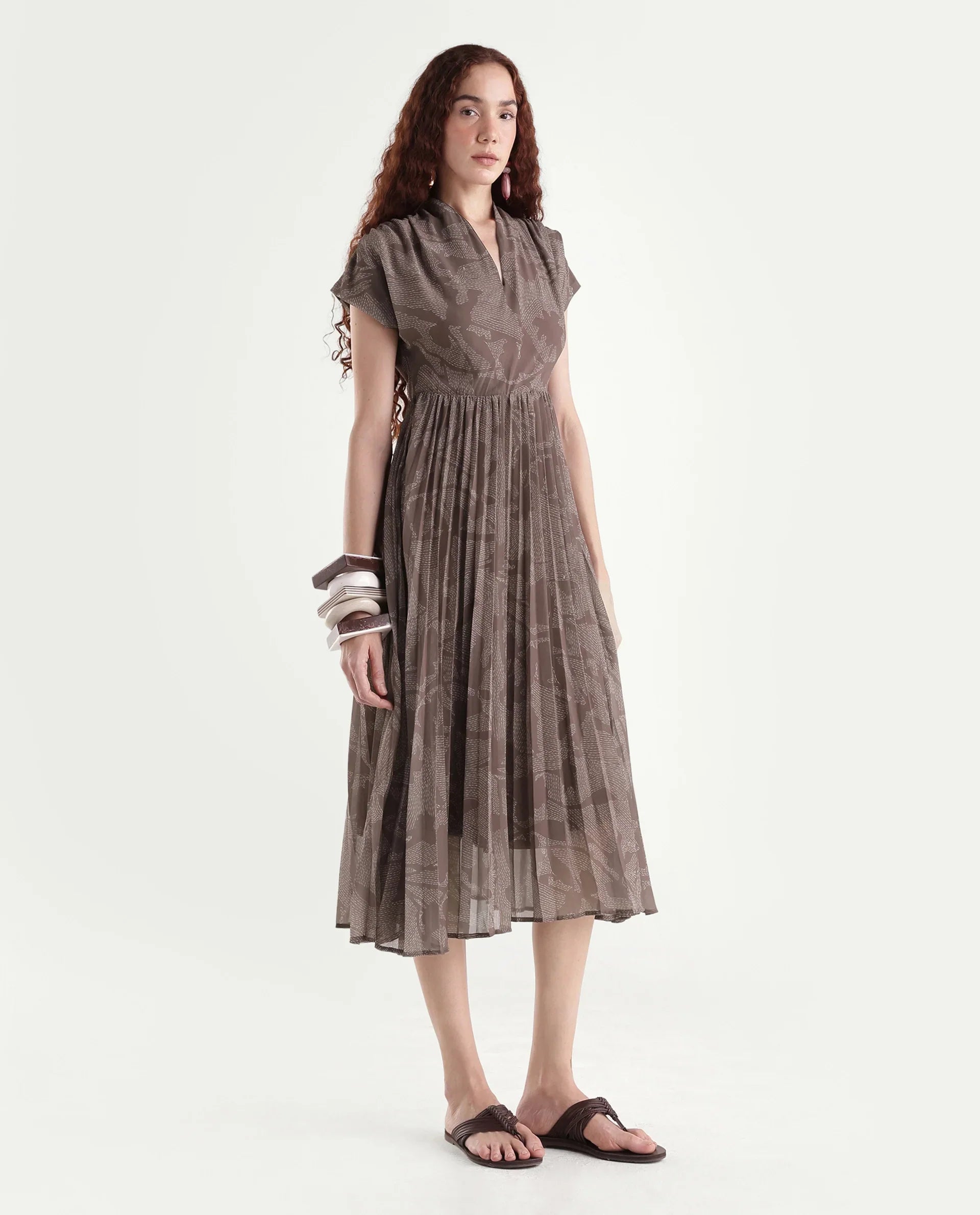 Rareism Women's Juremi Light Brown Cotton V-Neck Fit And Flare Printed Dress